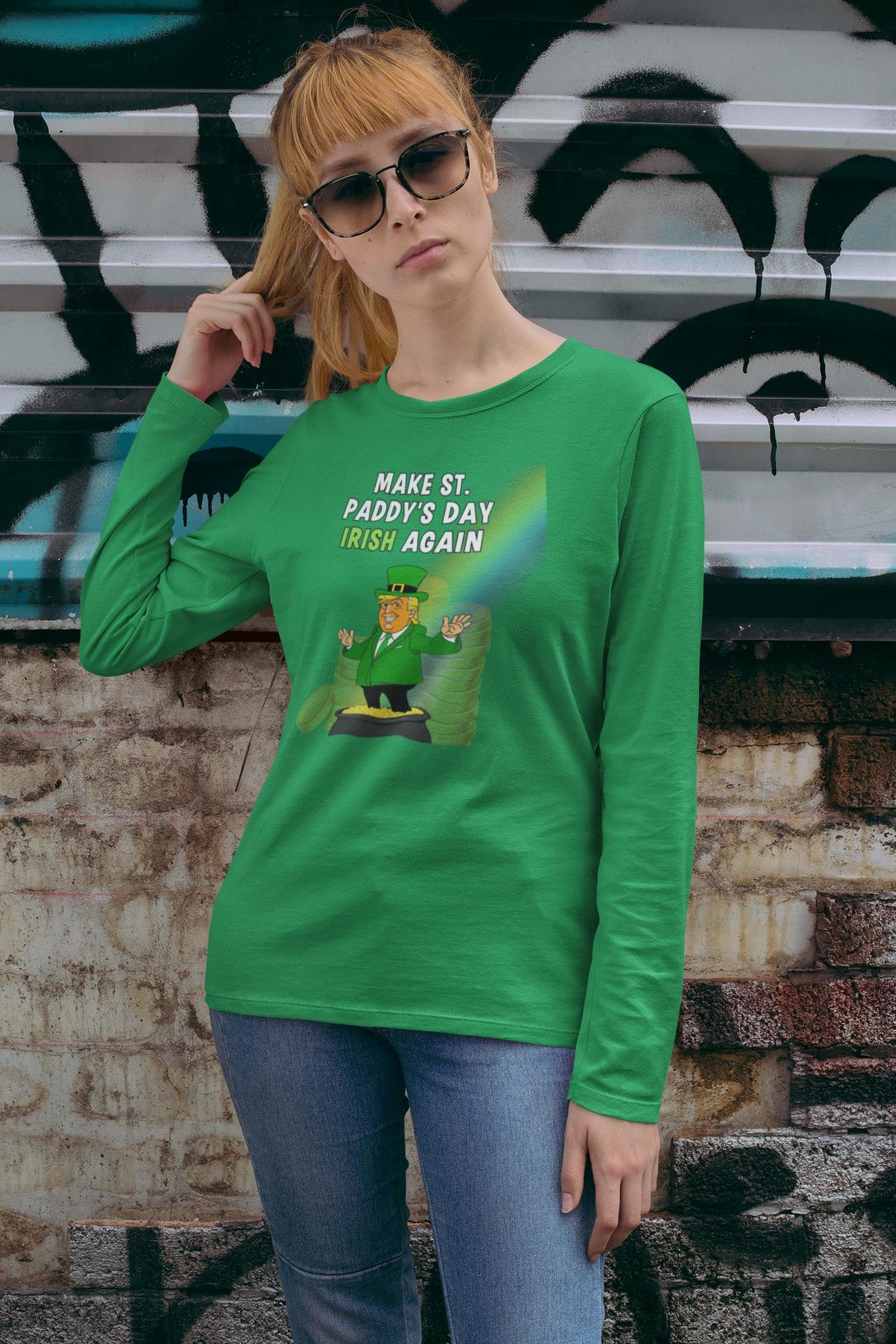 St. Patricks Day Festive and Political Trump Figure Themed Make St. Paddys Day Irish Again End of the Rainbow Womens Long Sleeve T Shirt Women's Long Sleeves Oldglory.com