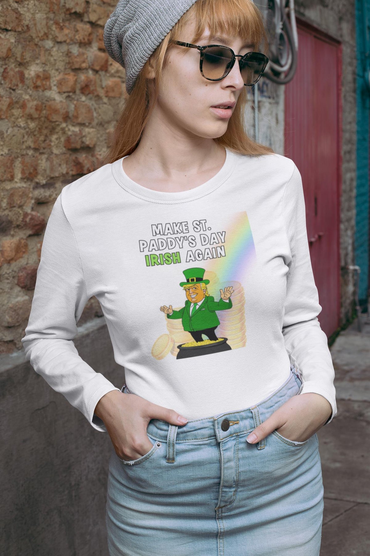 St. Patricks Day Festive and Political Trump Figure Themed Make St. Paddys Day Irish Again End of the Rainbow Womens Long Sleeve T Shirt Women's Long Sleeves Oldglory.com