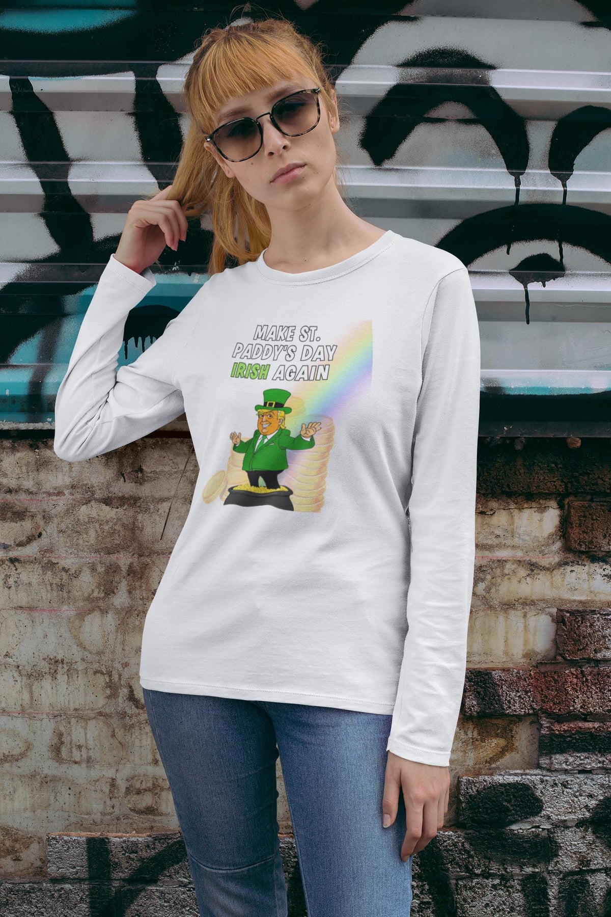 St. Patricks Day Festive and Political Trump Figure Themed Make St. Paddys Day Irish Again End of the Rainbow Womens Long Sleeve T Shirt Women's Long Sleeves Oldglory.com