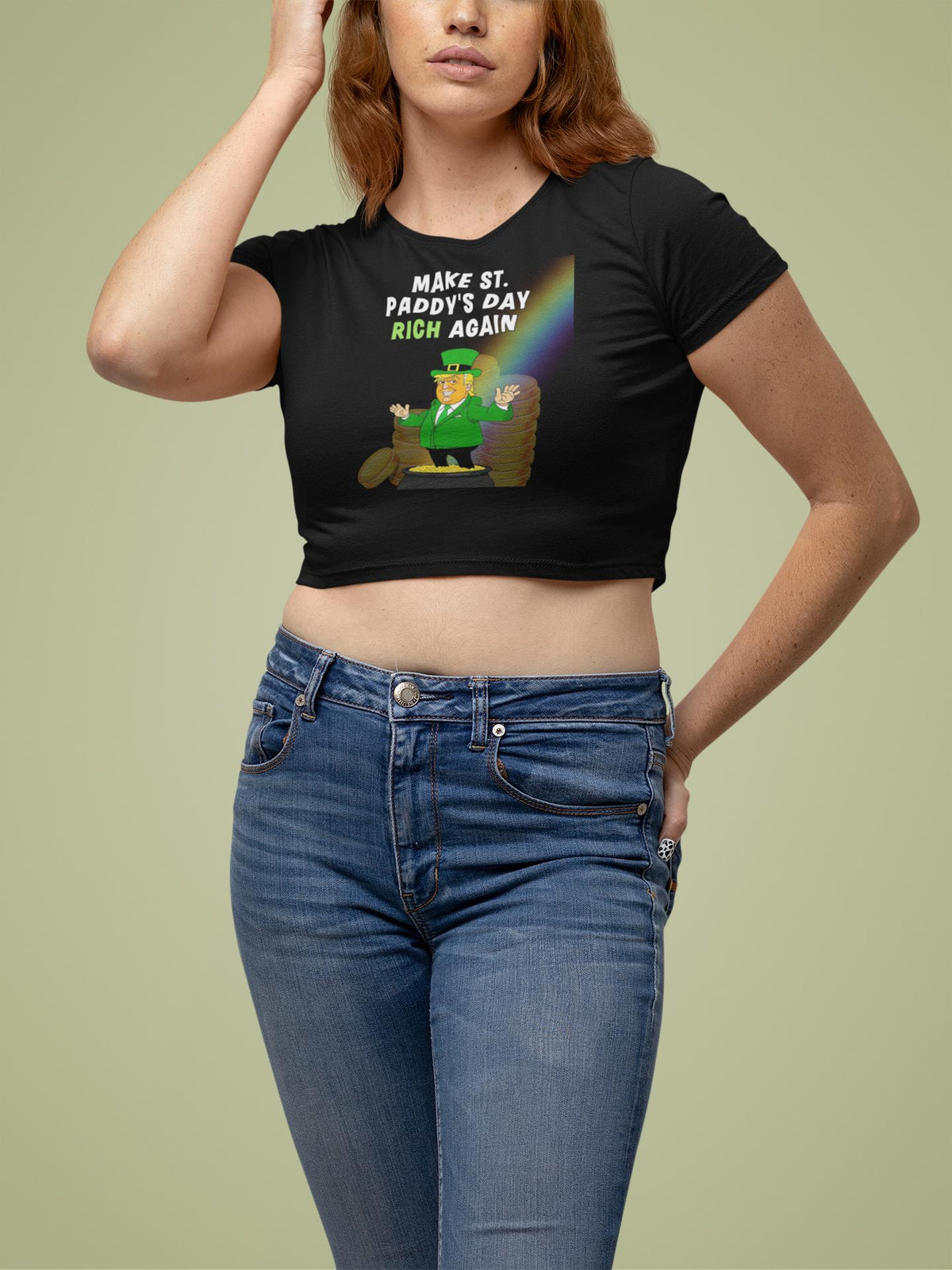 St. Patricks Day Festive and Political Trump Figure Themed Make St. Paddys Day Irish Again End of the Rainbow Juniors Womens Crop Top T Shirt Juniors Crop T-Shirts Oldglory.com