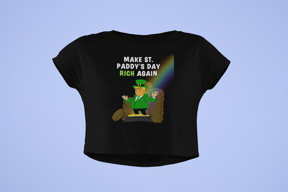 St. Patricks Day Festive and Political Trump Figure Themed Make St. Paddys Day Irish Again End of the Rainbow Juniors Womens Crop Top T Shirt Juniors Crop T-Shirts Oldglory.com