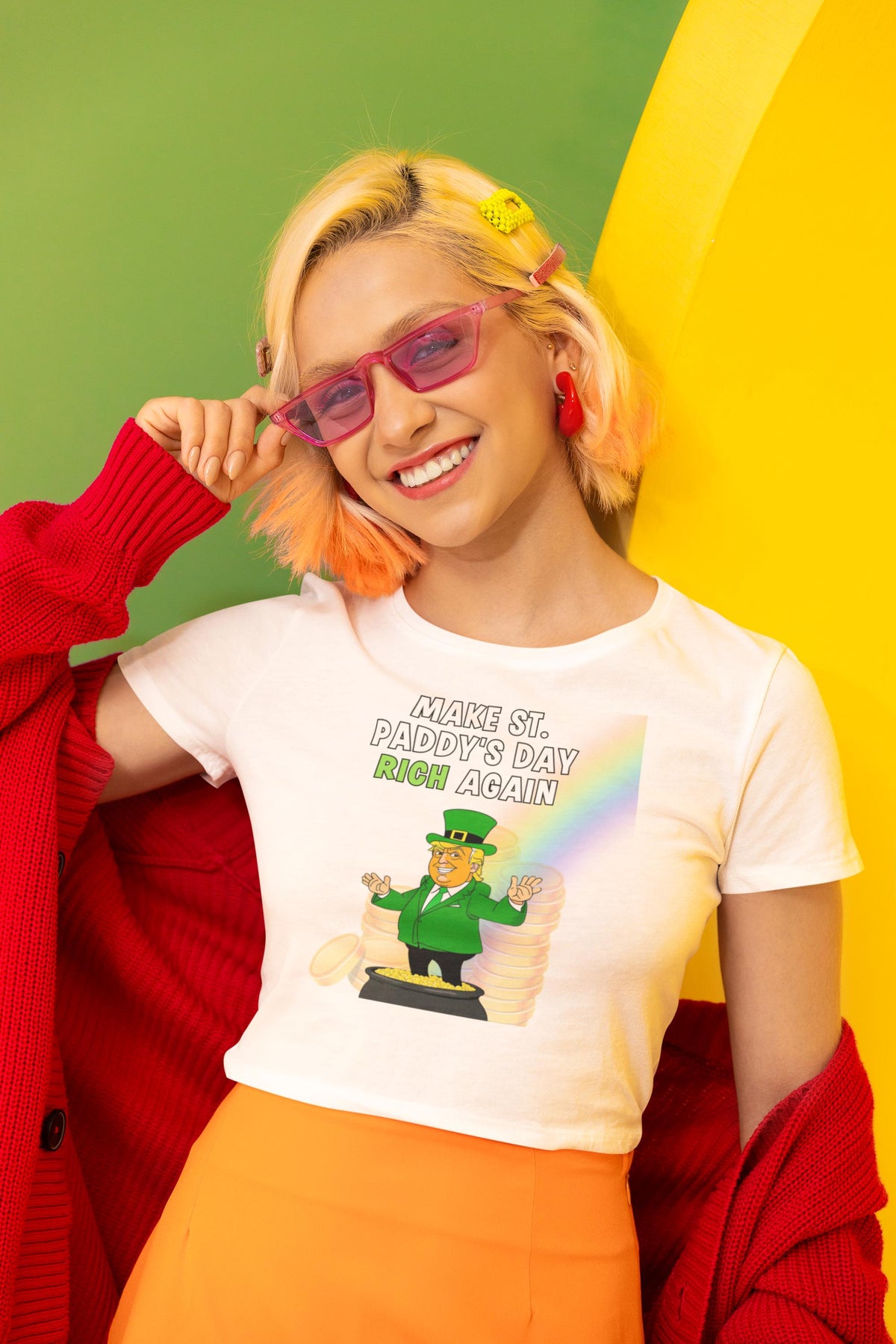 St. Patricks Day Festive and Political Trump Figure Themed Make St. Paddys Day Irish Again End of the Rainbow Juniors Womens Crop Top T Shirt Juniors Crop T-Shirts Oldglory.com