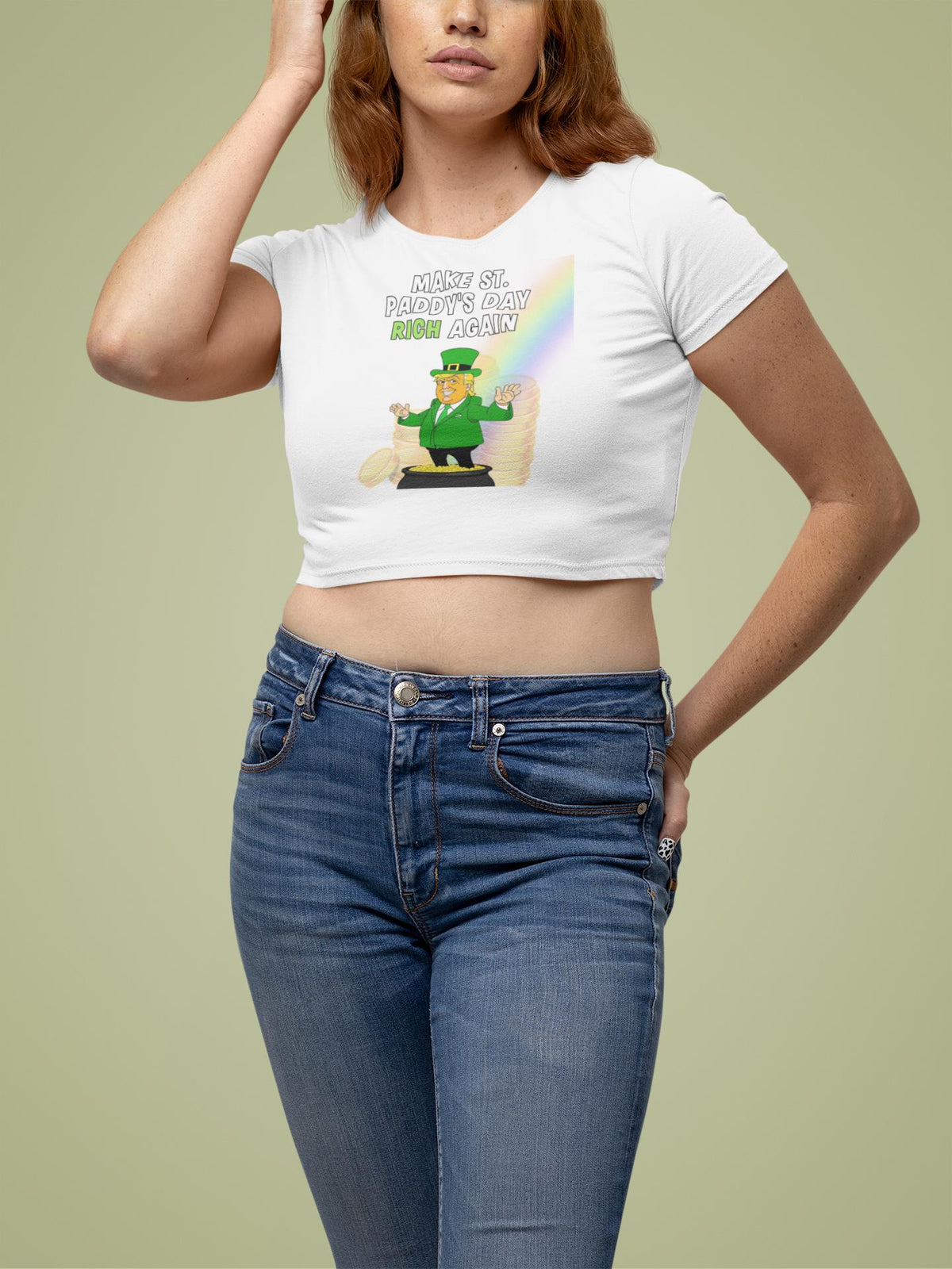 St. Patricks Day Festive and Political Trump Figure Themed Make St. Paddys Day Irish Again End of the Rainbow Juniors Womens Crop Top T Shirt Juniors Crop T-Shirts Oldglory.com