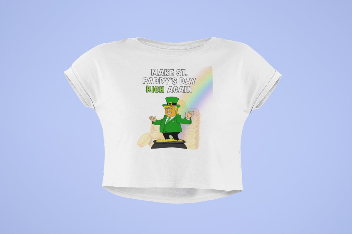 St. Patricks Day Festive and Political Trump Figure Themed Make St. Paddys Day Irish Again End of the Rainbow Juniors Womens Crop Top T Shirt Juniors Crop T-Shirts Oldglory.com