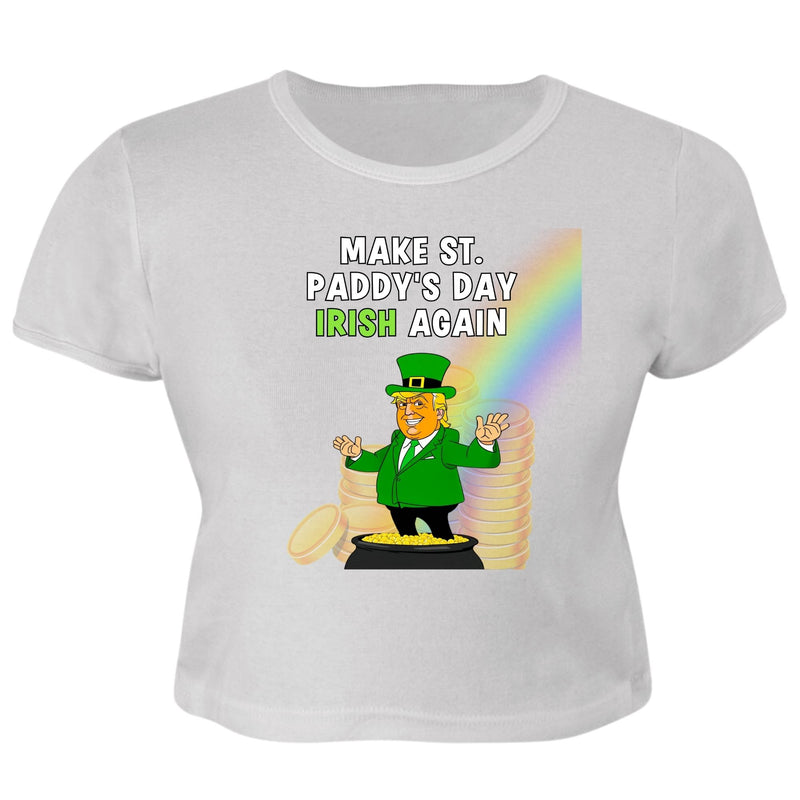 St. Patricks Day Festive and Political Trump Figure Themed Make St. Paddys Day Irish Again End of the Rainbow Juniors Womens Crop Top T Shirt Juniors Crop T-Shirts Oldglory.com SM White