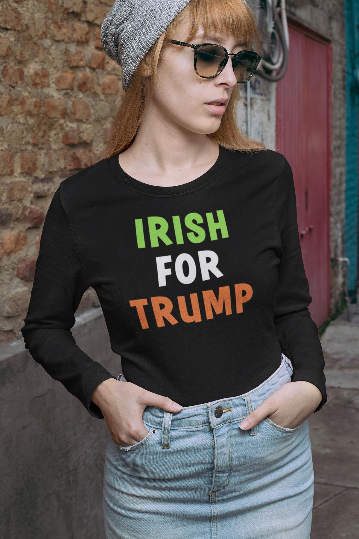 St. Patricks Day Irish Flag Colored Irish For Trump Funny and Political Womens Long Sleeve T Shirt Women's Long Sleeves Oldglory.com