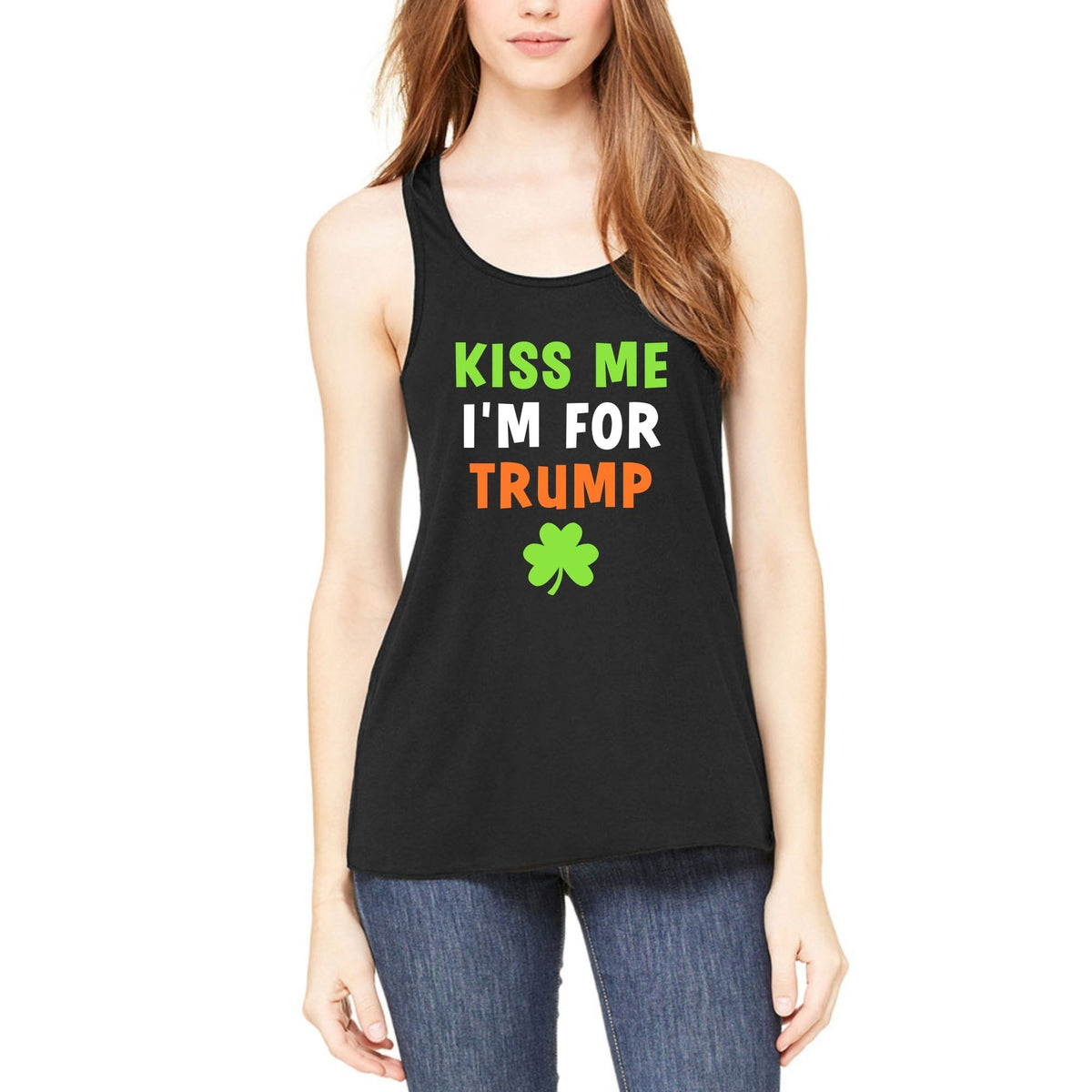 St. Patricks Day Irish Flag Colored Kiss Me I'm For Trump Shamrock Funny and Political Juniors Womens Racerback Tank Top Juniors Tank Tops Oldglory.com SM Black