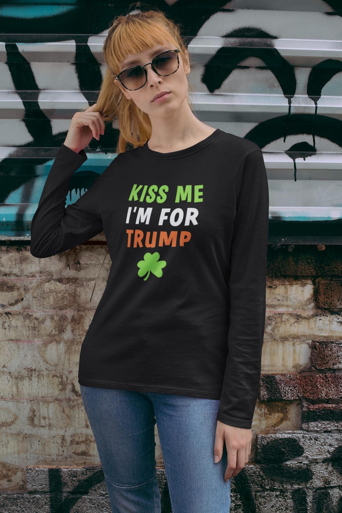 St. Patricks Day Irish Flag Colored Kiss Me I'm For Trump Shamrock Funny and Political Womens Long Sleeve T Shirt Women's Long Sleeves Oldglory.com