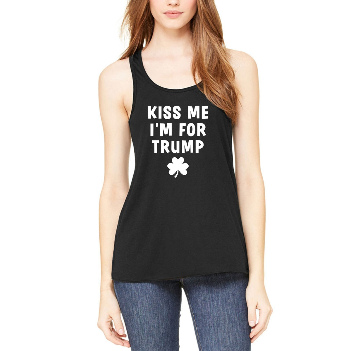 St. Patricks Day Political and Festive Kiss Me I'm For Trump Shamrock Juniors Womens Racerback Tank Top Juniors Tank Tops Oldglory.com SM Black