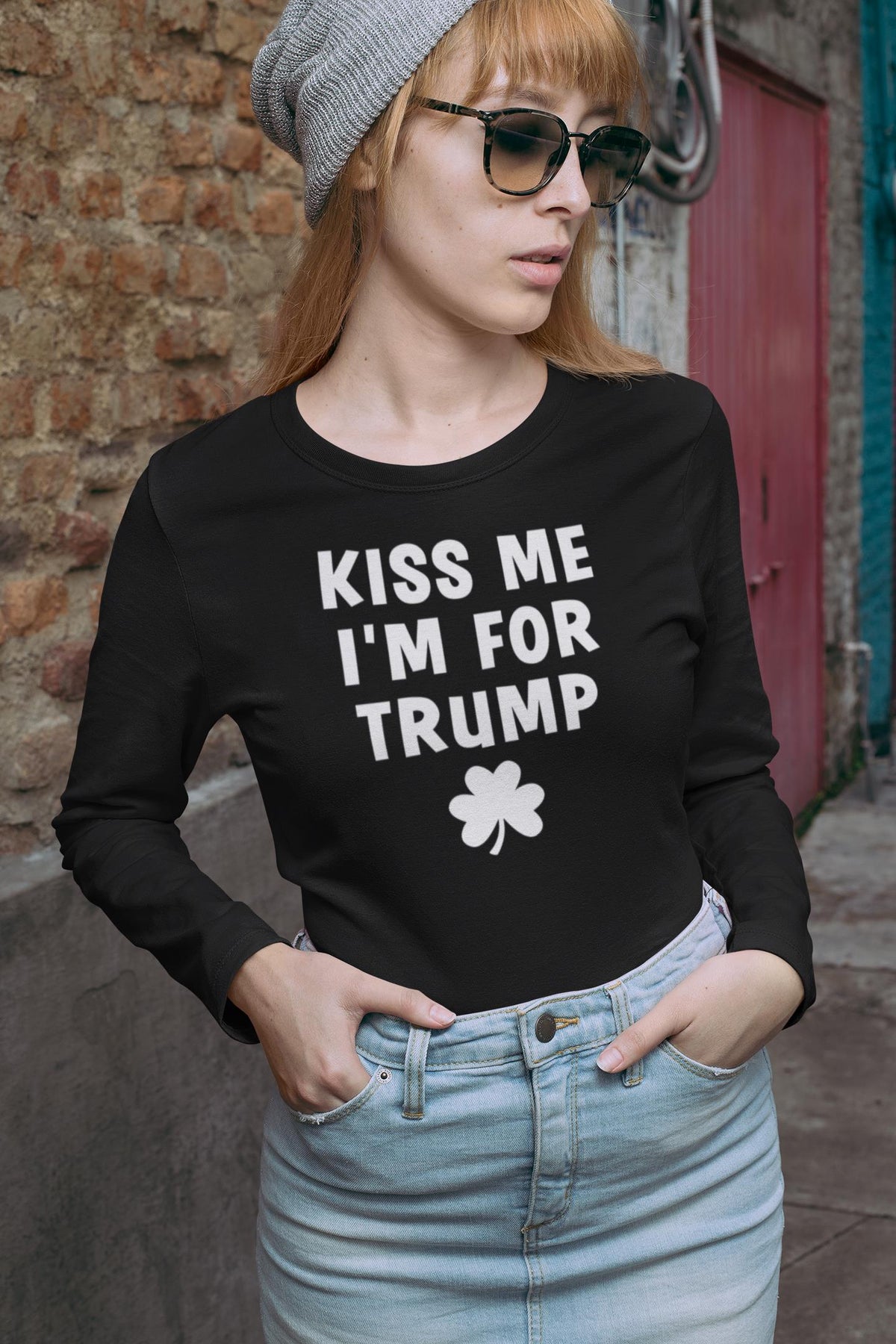 St. Patricks Day Political and Festive Kiss Me I'm For Trump Shamrock Womens Long Sleeve T Shirt Women's Long Sleeves Oldglory.com