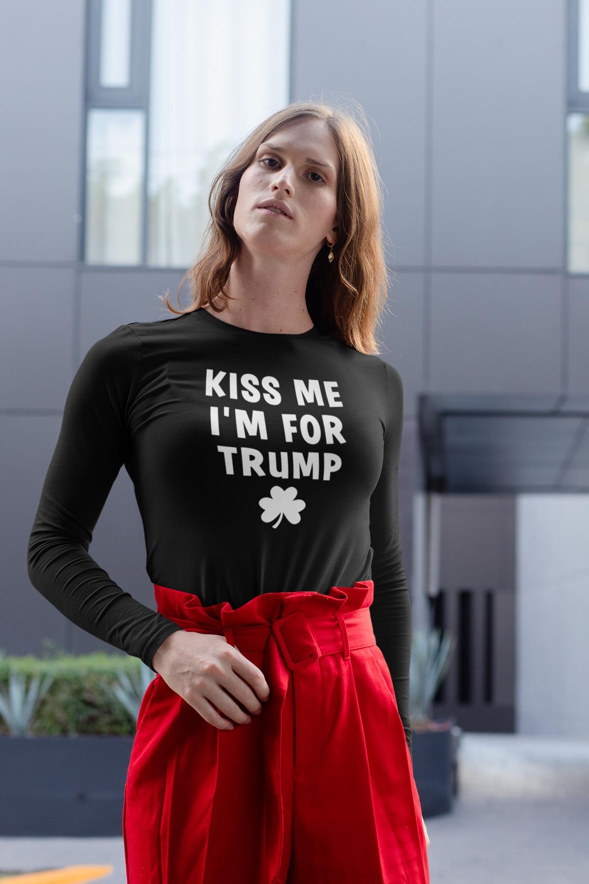 St. Patricks Day Political and Festive Kiss Me I'm For Trump Shamrock Womens Long Sleeve T Shirt Women's Long Sleeves Oldglory.com