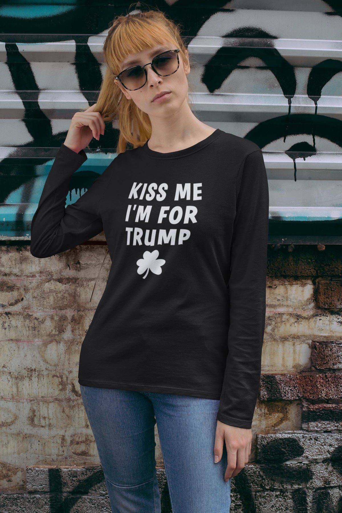 St. Patricks Day Political and Festive Kiss Me I'm For Trump Shamrock Womens Long Sleeve T Shirt Women's Long Sleeves Oldglory.com