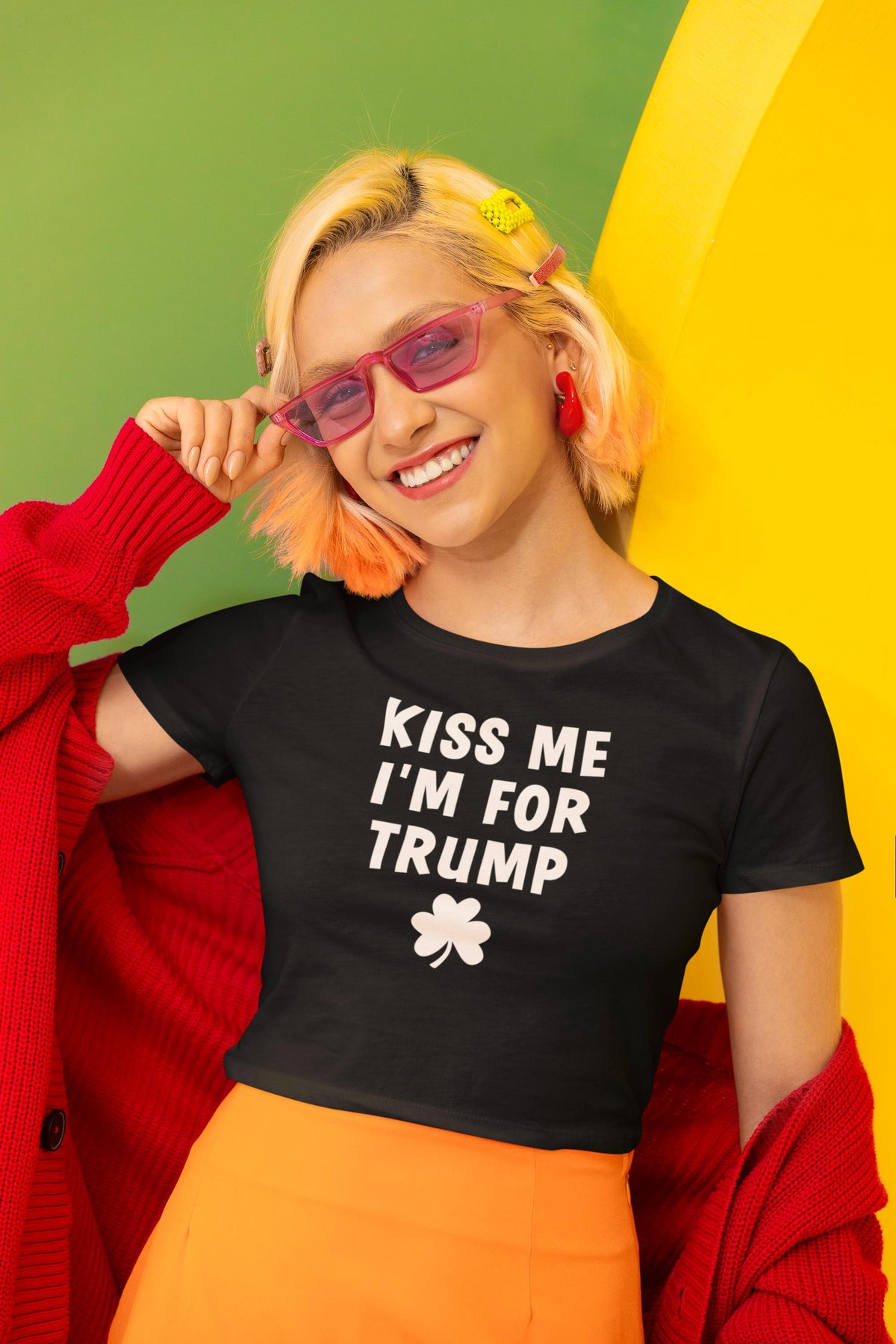 St. Patricks Day Political and Festive Kiss Me I'm For Trump Shamrock Juniors Womens Crop Top T Shirt Juniors Crop T-Shirts Oldglory.com