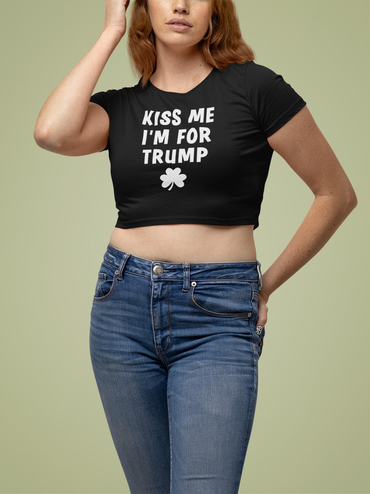 St. Patricks Day Political and Festive Kiss Me I'm For Trump Shamrock Juniors Womens Crop Top T Shirt Juniors Crop T-Shirts Oldglory.com