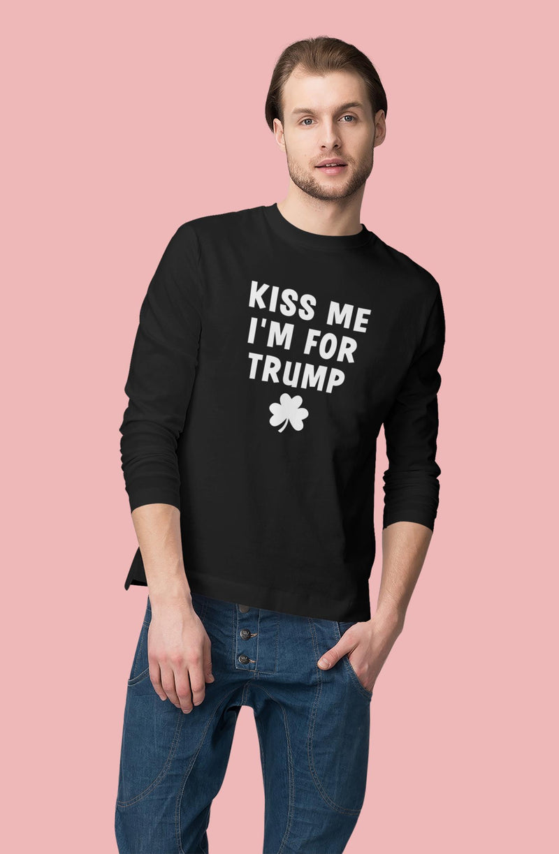 St. Patricks Day Political and Festive Kiss Me I'm For Trump Shamrock Mens Long Sleeve T Shirt Men's Long Sleeves Oldglory.com