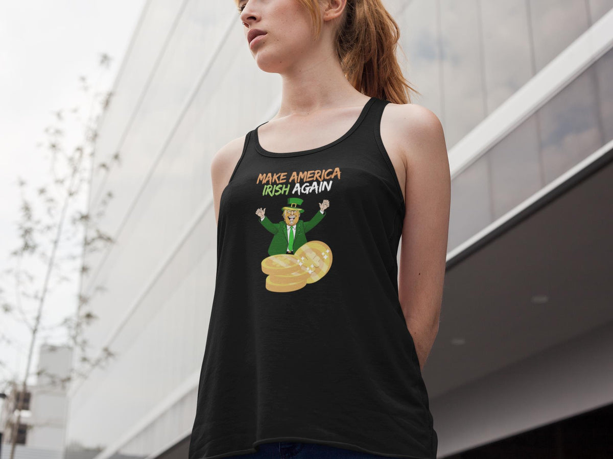 St. Patricks Day Political and Festive Irish Flag Colored Make America Irish Again Gold Coin Juniors Womens Racerback Tank Top Juniors Tank Tops Oldglory.com