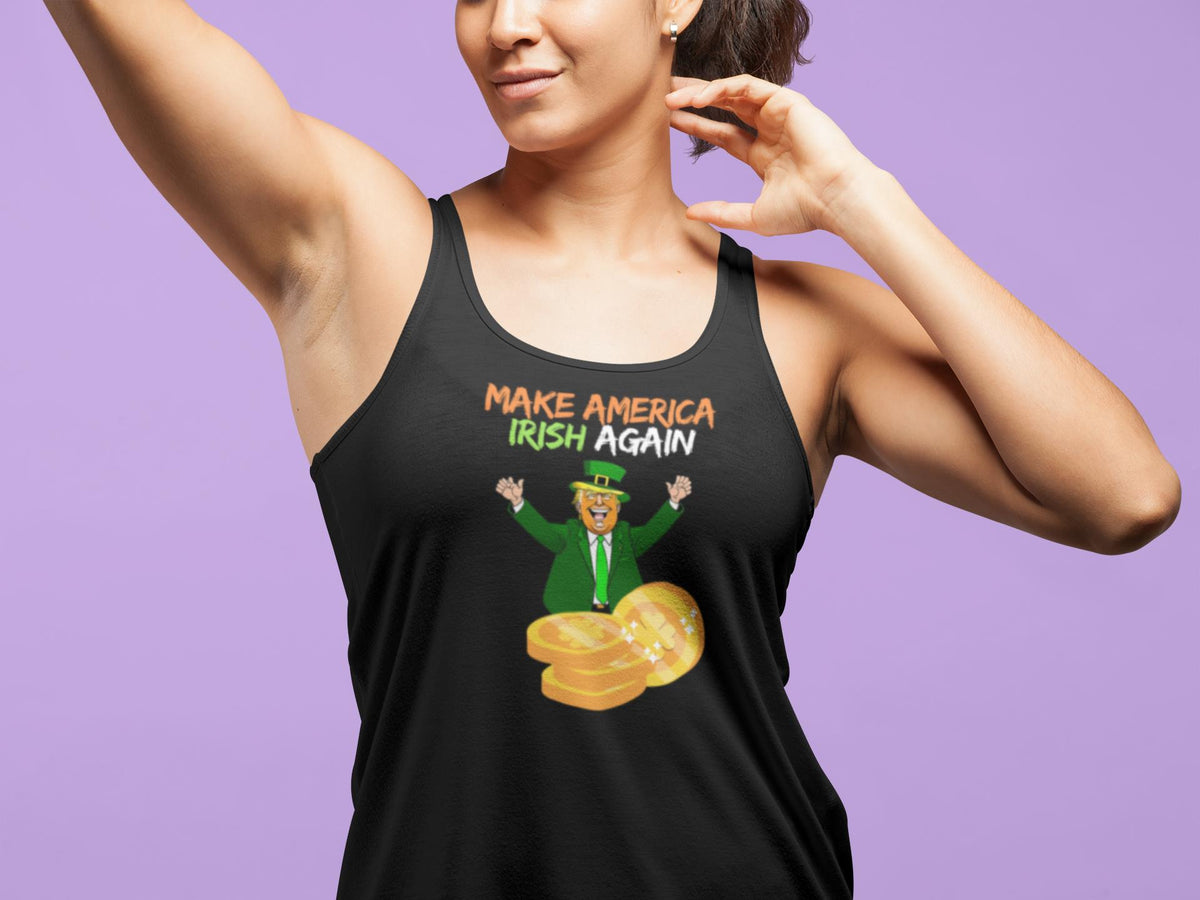 St. Patricks Day Political and Festive Irish Flag Colored Make America Irish Again Gold Coin Juniors Womens Racerback Tank Top Juniors Tank Tops Oldglory.com