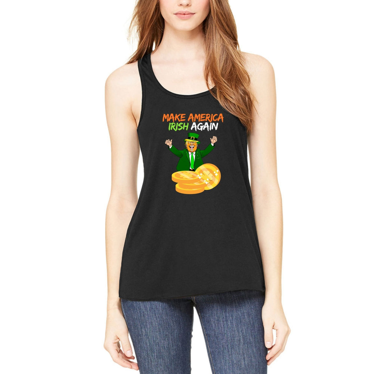 St. Patricks Day Political and Festive Irish Flag Colored Make America Irish Again Gold Coin Juniors Womens Racerback Tank Top Juniors Tank Tops Oldglory.com SM Black