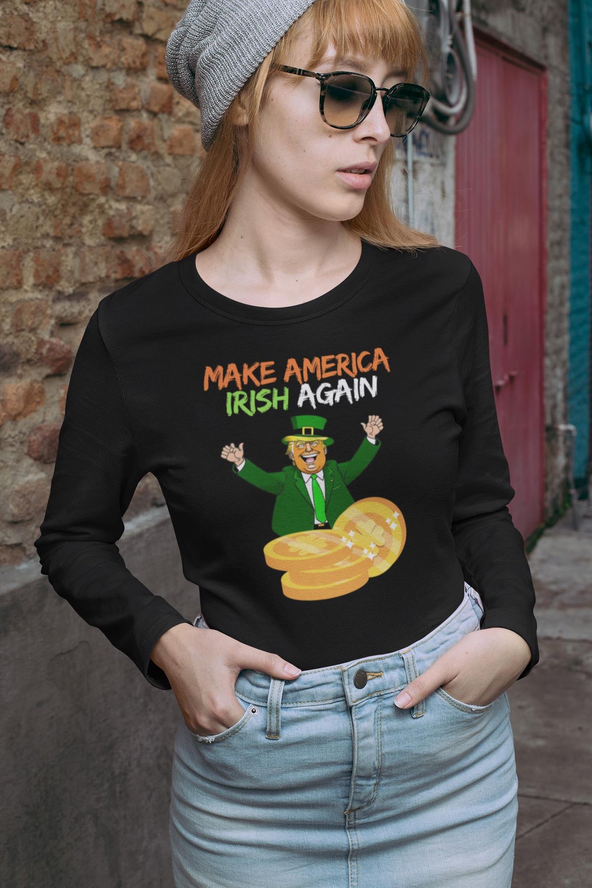 St. Patricks Day Political and Festive Irish Flag Colored Make America Irish Again Gold Coin Womens Long Sleeve T Shirt Women's Long Sleeves Oldglory.com