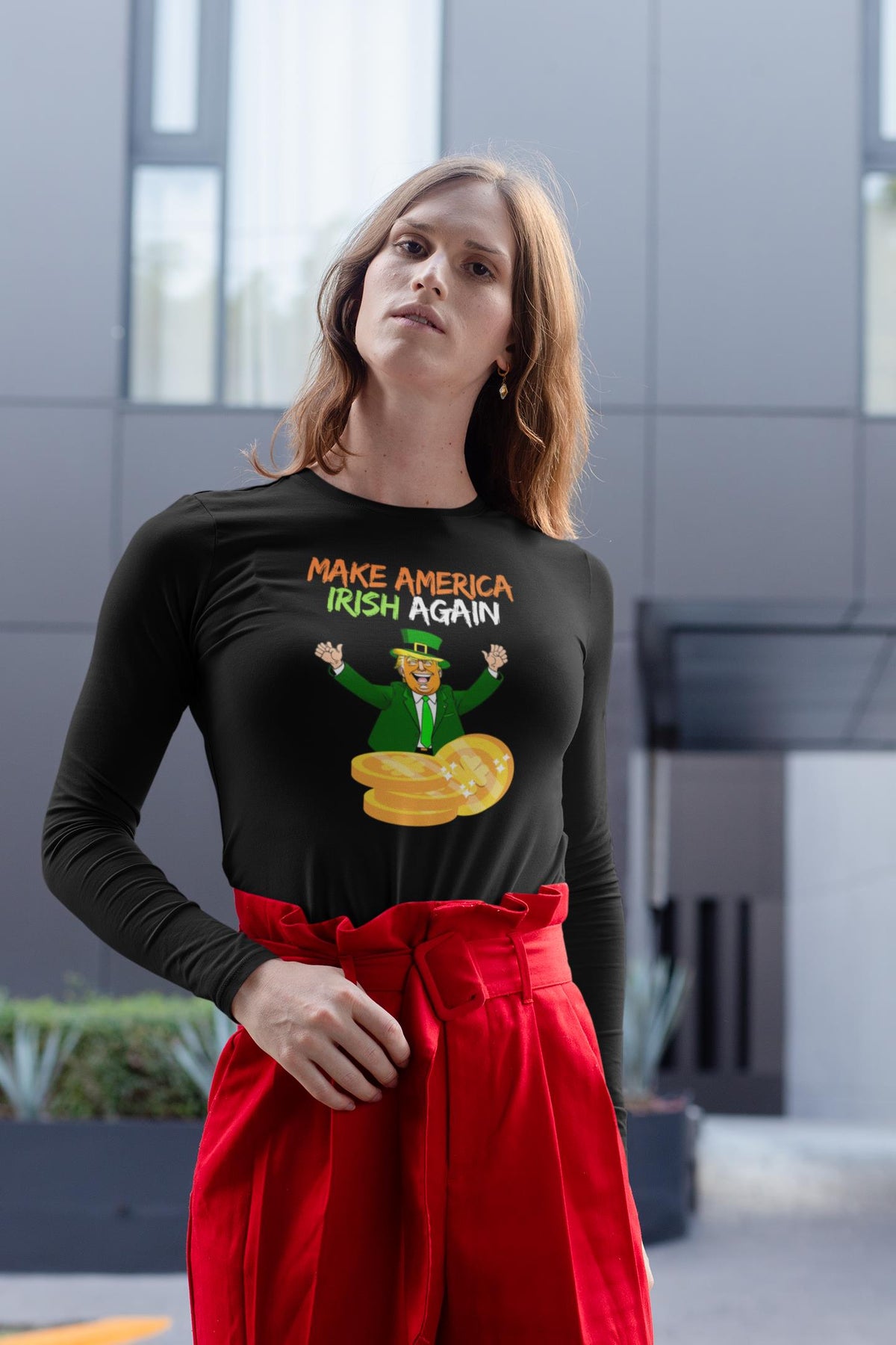 St. Patricks Day Political and Festive Irish Flag Colored Make America Irish Again Gold Coin Womens Long Sleeve T Shirt Women's Long Sleeves Oldglory.com