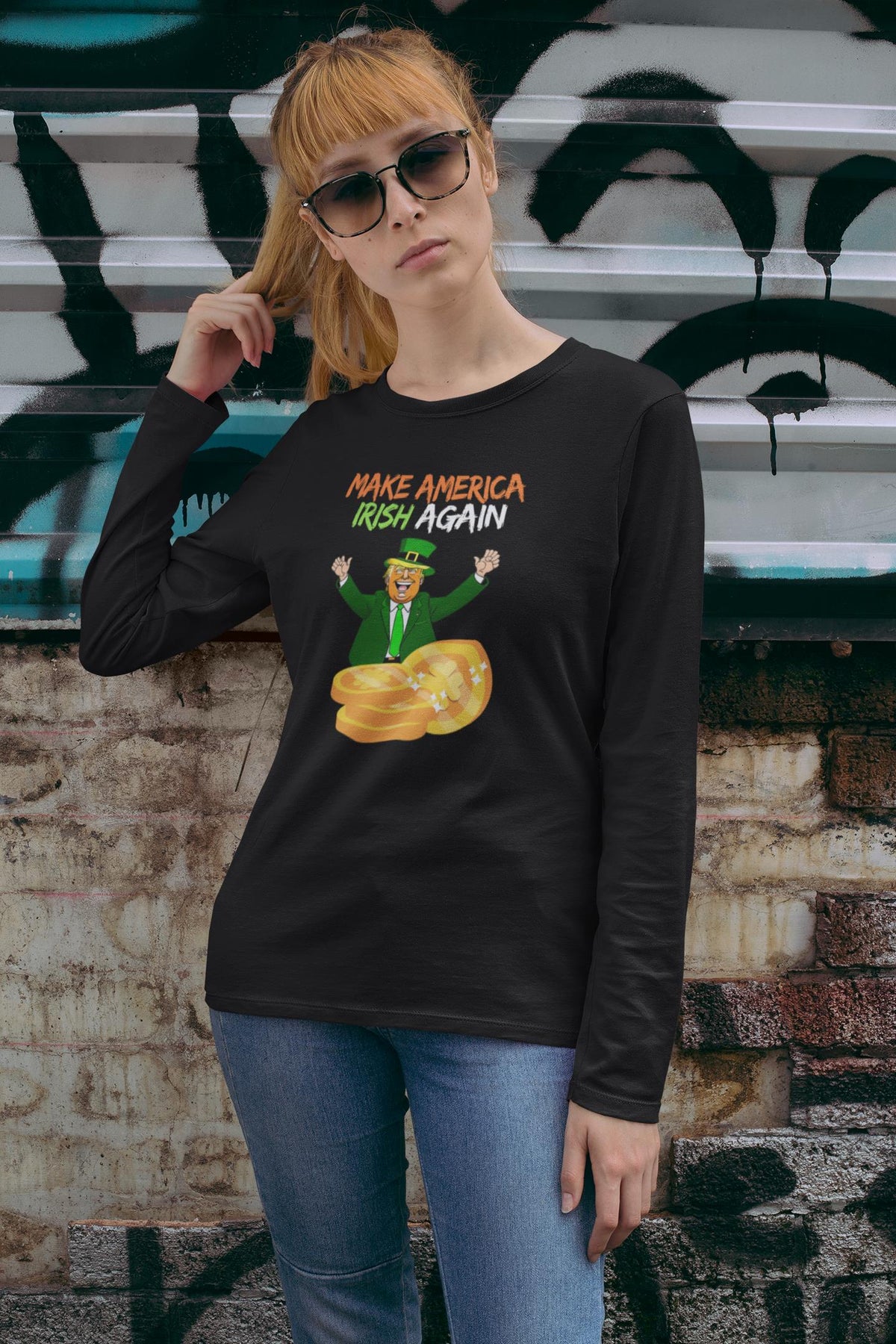 St. Patricks Day Political and Festive Irish Flag Colored Make America Irish Again Gold Coin Womens Long Sleeve T Shirt Women's Long Sleeves Oldglory.com