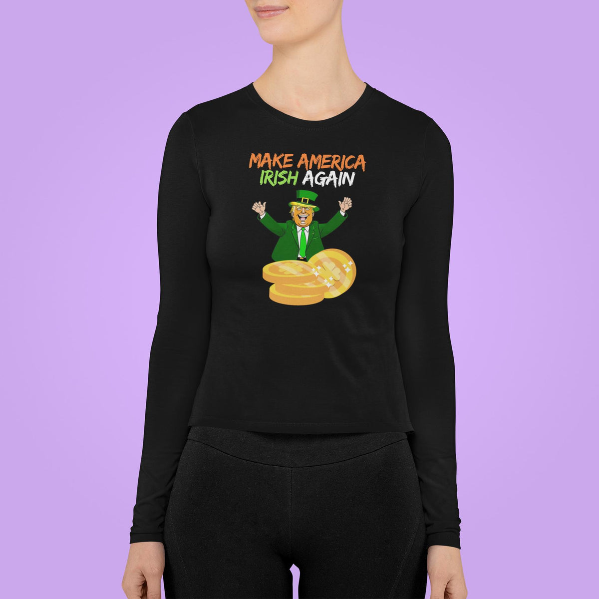 St. Patricks Day Political and Festive Irish Flag Colored Make America Irish Again Gold Coin Womens Long Sleeve T Shirt Women's Long Sleeves Oldglory.com