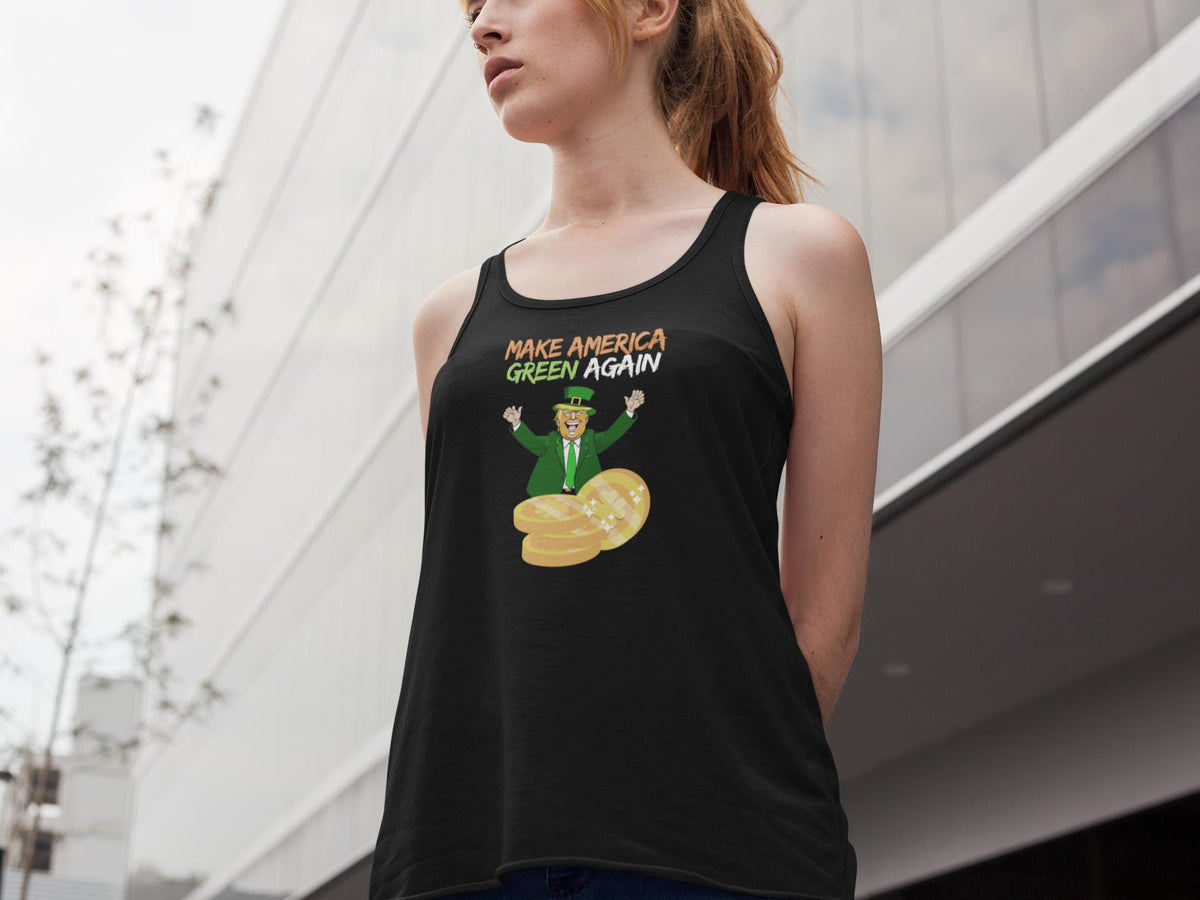 St. Patricks Day Political and Festive Irish Flag Colored Make America Green Again Gold Coin Juniors Womens Racerback Tank Top Juniors Tank Tops Oldglory.com