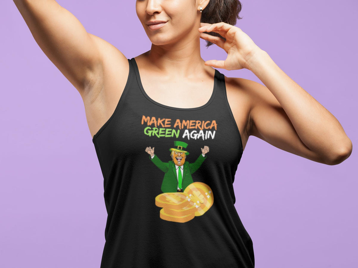 St. Patricks Day Political and Festive Irish Flag Colored Make America Green Again Gold Coin Juniors Womens Racerback Tank Top Juniors Tank Tops Oldglory.com