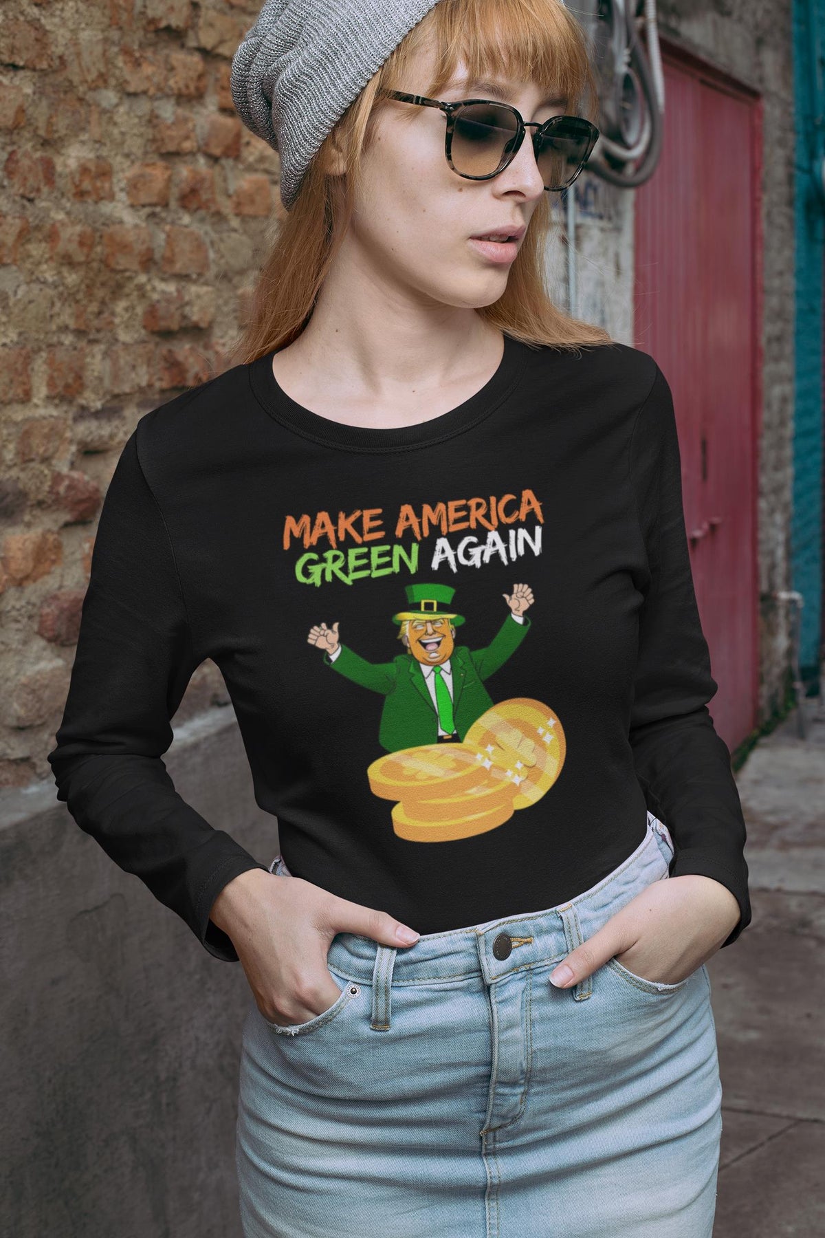 St. Patricks Day Political and Festive Irish Flag Colored Make America Green Again Gold Coin Womens Long Sleeve T Shirt Women's Long Sleeves Oldglory.com