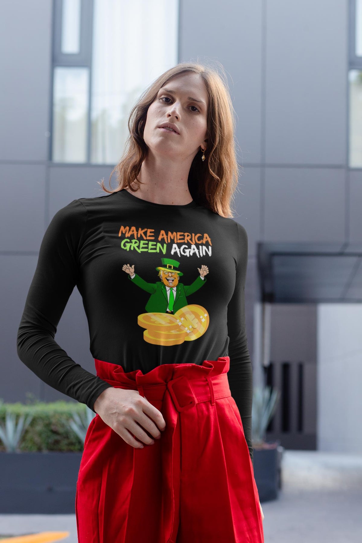 St. Patricks Day Political and Festive Irish Flag Colored Make America Green Again Gold Coin Womens Long Sleeve T Shirt Women's Long Sleeves Oldglory.com