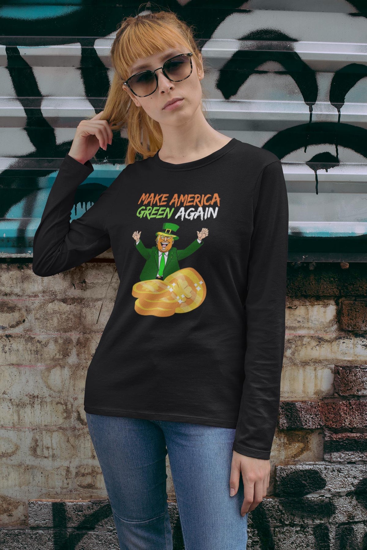 St. Patricks Day Political and Festive Irish Flag Colored Make America Green Again Gold Coin Womens Long Sleeve T Shirt Women's Long Sleeves Oldglory.com