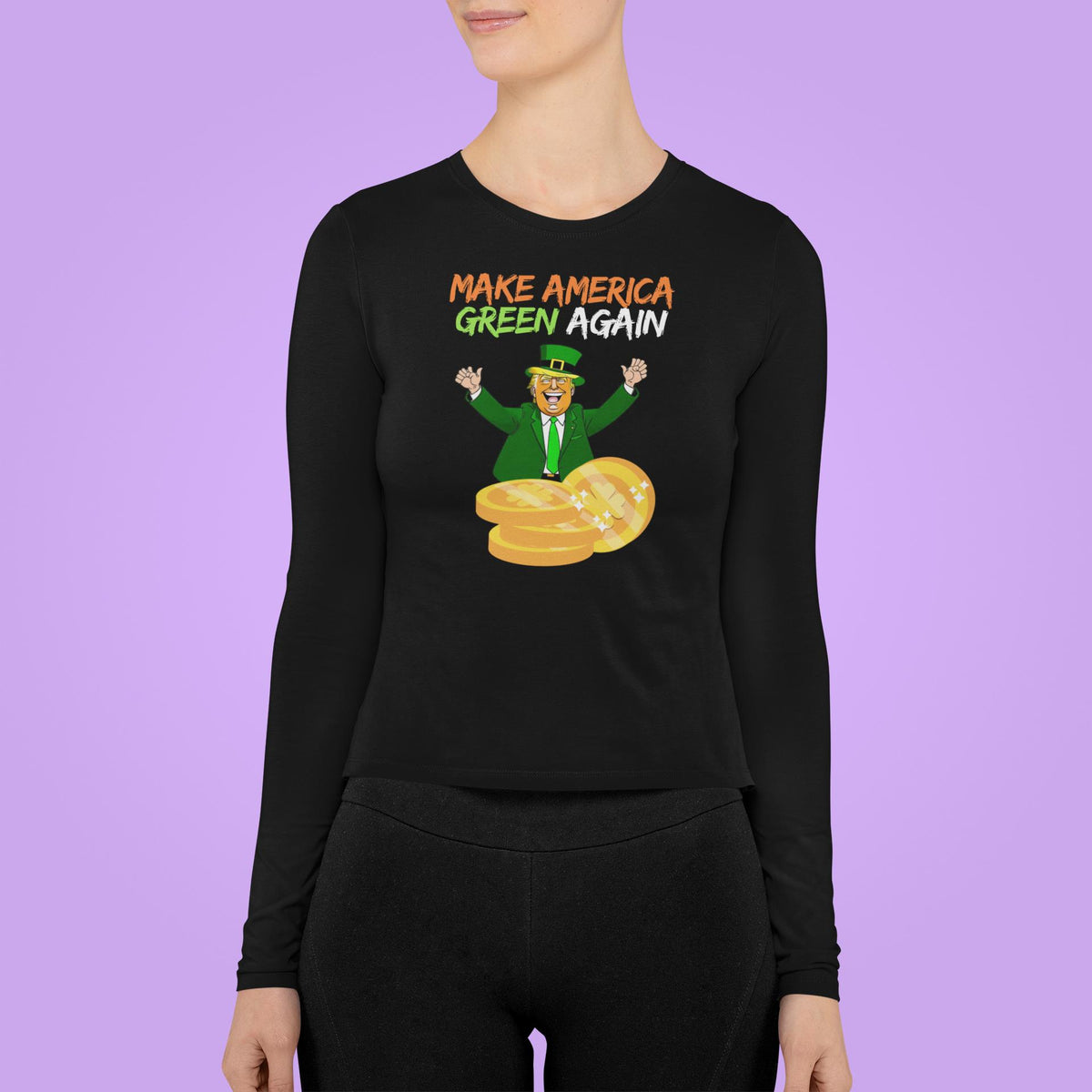 St. Patricks Day Political and Festive Irish Flag Colored Make America Green Again Gold Coin Womens Long Sleeve T Shirt Women's Long Sleeves Oldglory.com