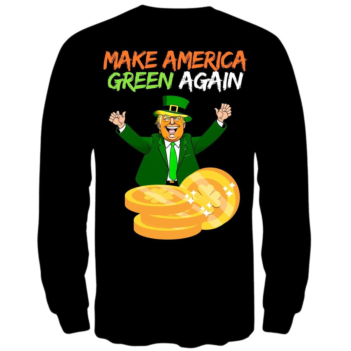 St. Patricks Day Political and Festive Irish Flag Colored Make America Green Again Gold Coin Mens Long Sleeve T Shirt Men's Long Sleeves Oldglory.com SM Black