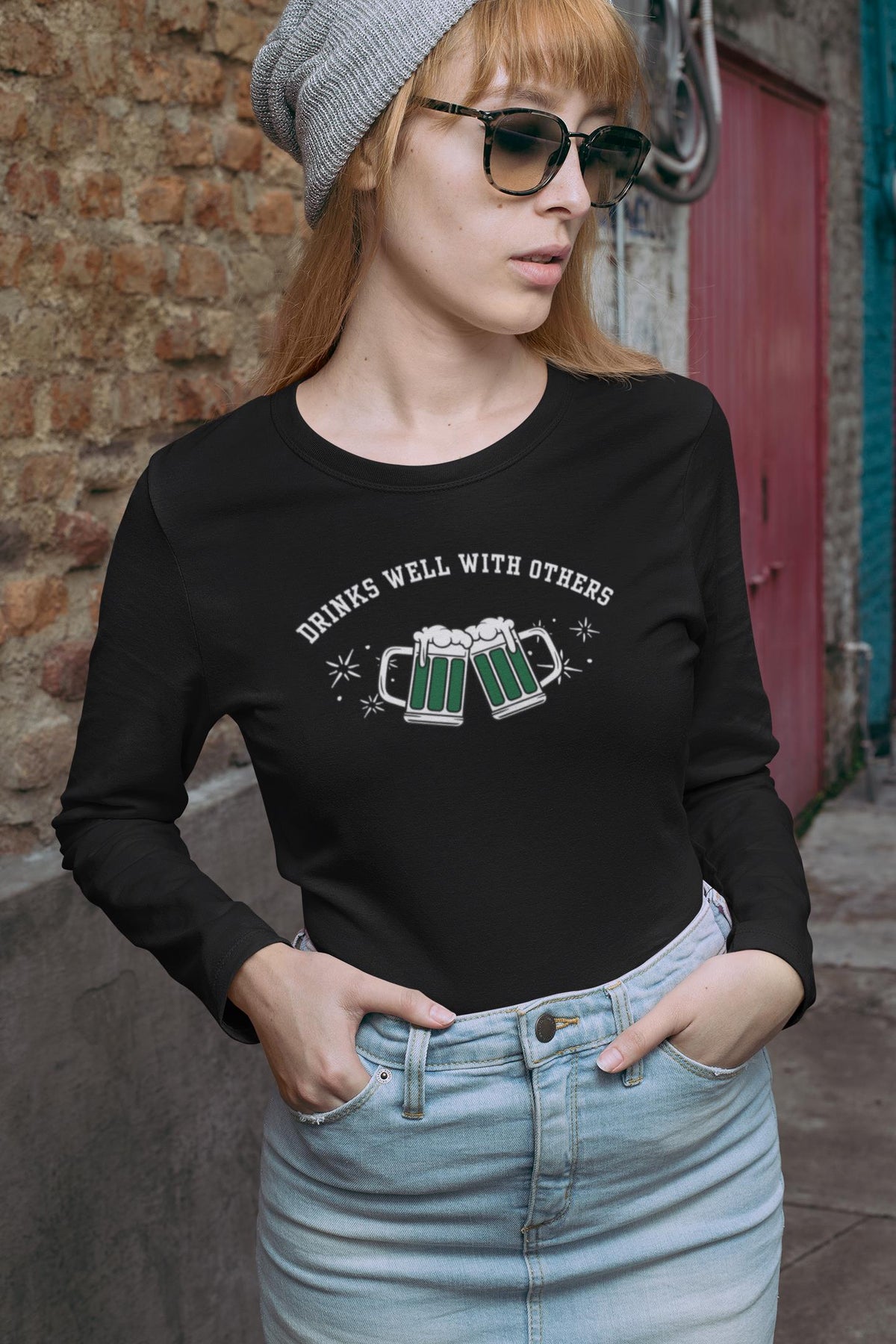 St. Patricks Day Funny Drinks Well With Others Beer Mugs Womens Long Sleeve T Shirt Women's Long Sleeves Oldglory.com