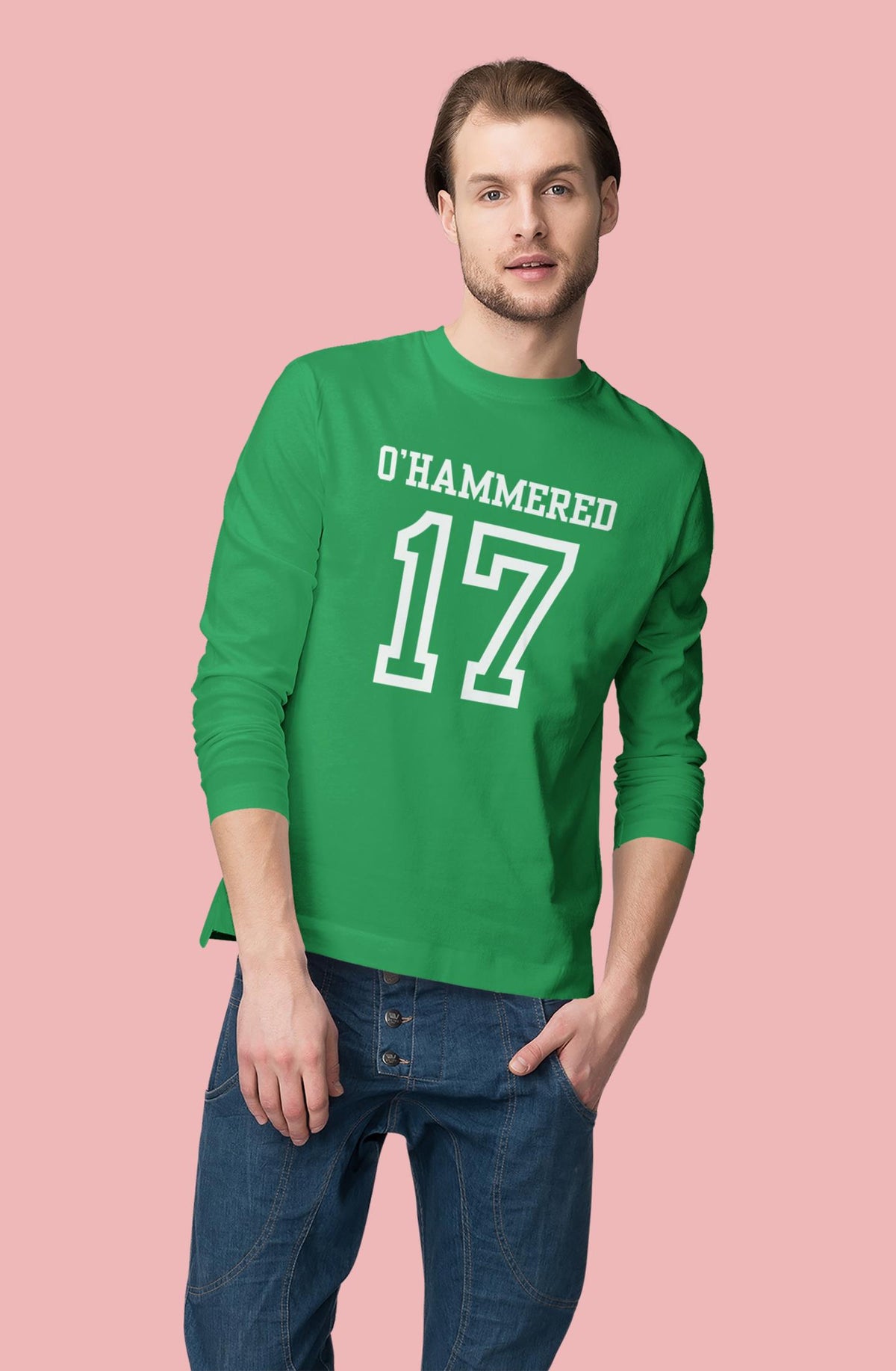 St. Patricks Day Festive and Funny O'Hammered Jersey Style Number 17 Mens Long Sleeve T Shirt Men's Long Sleeves Oldglory.com