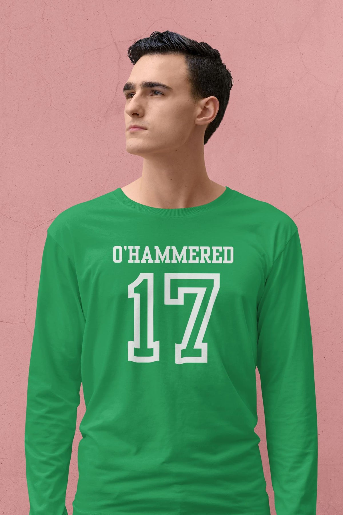 St. Patricks Day Festive and Funny O'Hammered Jersey Style Number 17 Mens Long Sleeve T Shirt Men's Long Sleeves Oldglory.com