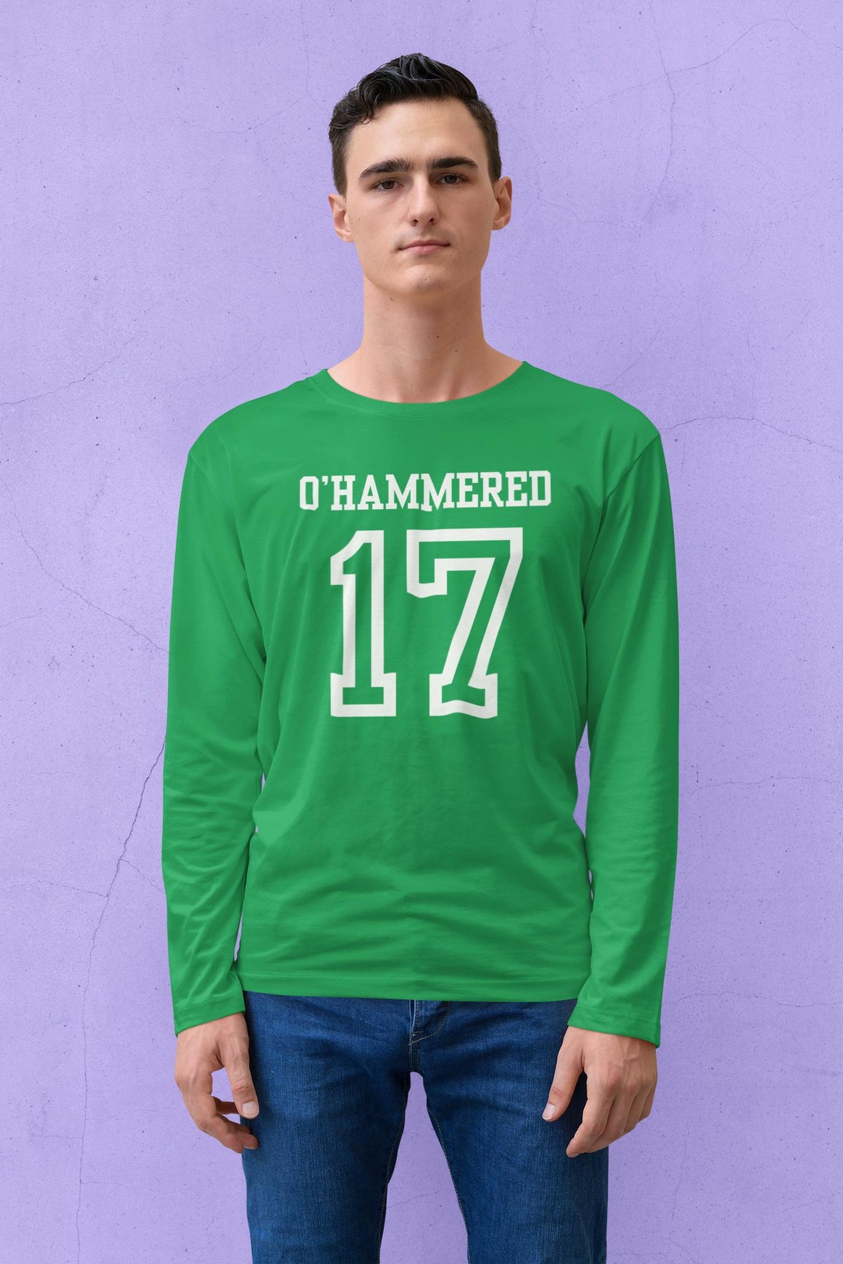 St. Patricks Day Festive and Funny O'Hammered Jersey Style Number 17 Mens Long Sleeve T Shirt Men's Long Sleeves Oldglory.com