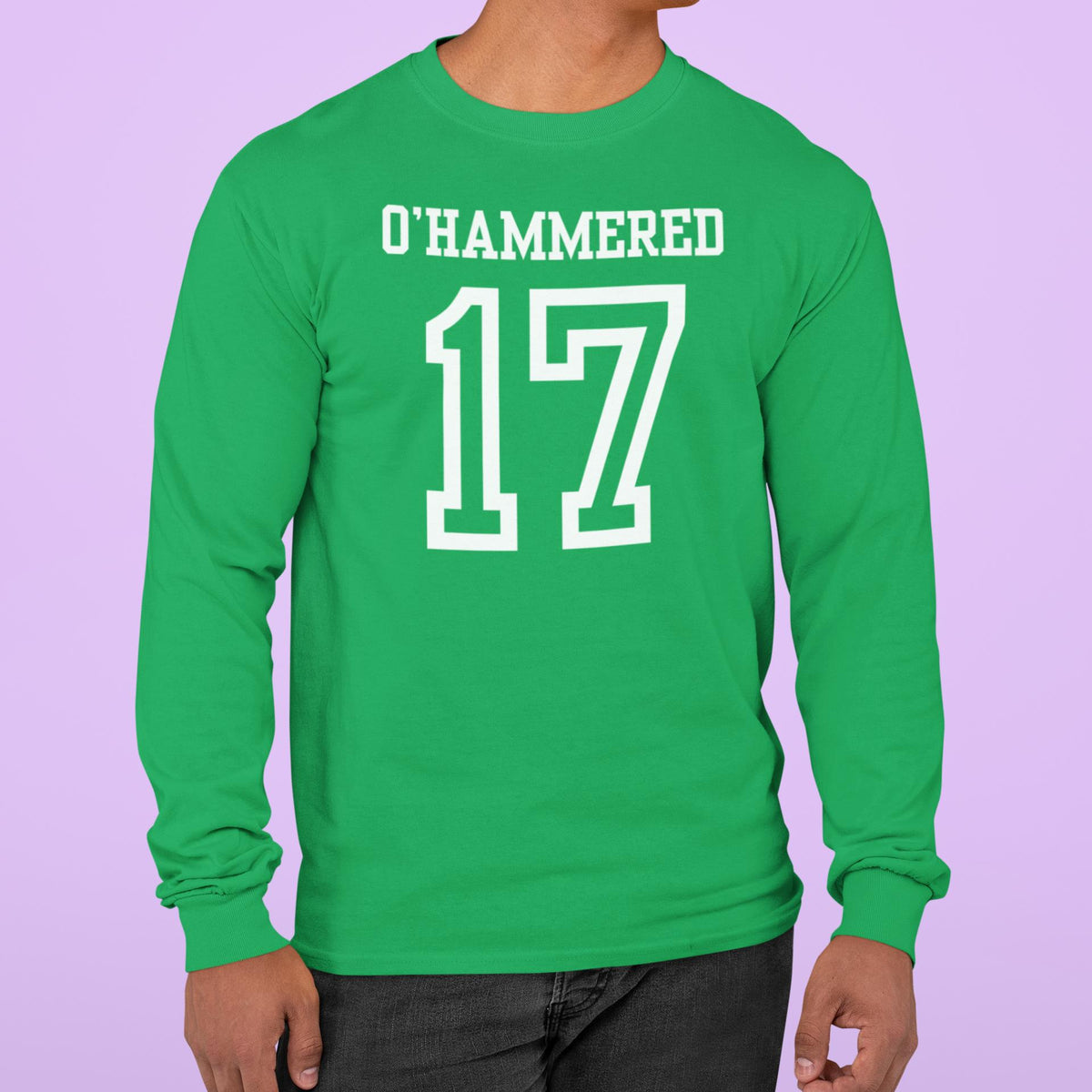 St. Patricks Day Festive and Funny O'Hammered Jersey Style Number 17 Mens Long Sleeve T Shirt Men's Long Sleeves Oldglory.com