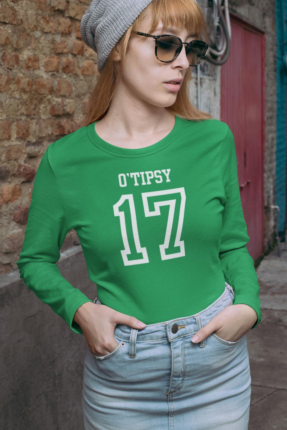 St. Patricks Day Festive and Funny O'Tipsy Jersey Style Number 17 Womens Long Sleeve T Shirt Women's Long Sleeves Oldglory.com