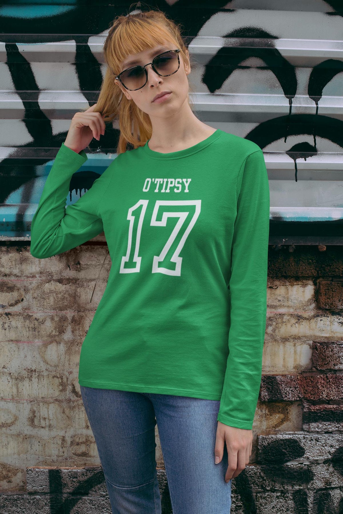 St. Patricks Day Festive and Funny O'Tipsy Jersey Style Number 17 Womens Long Sleeve T Shirt Women's Long Sleeves Oldglory.com