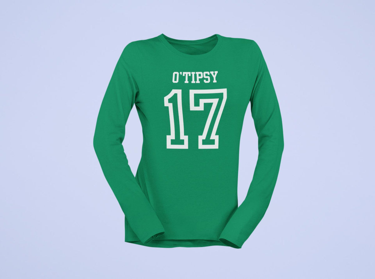 St. Patricks Day Festive and Funny O'Tipsy Jersey Style Number 17 Womens Long Sleeve T Shirt Women's Long Sleeves Oldglory.com