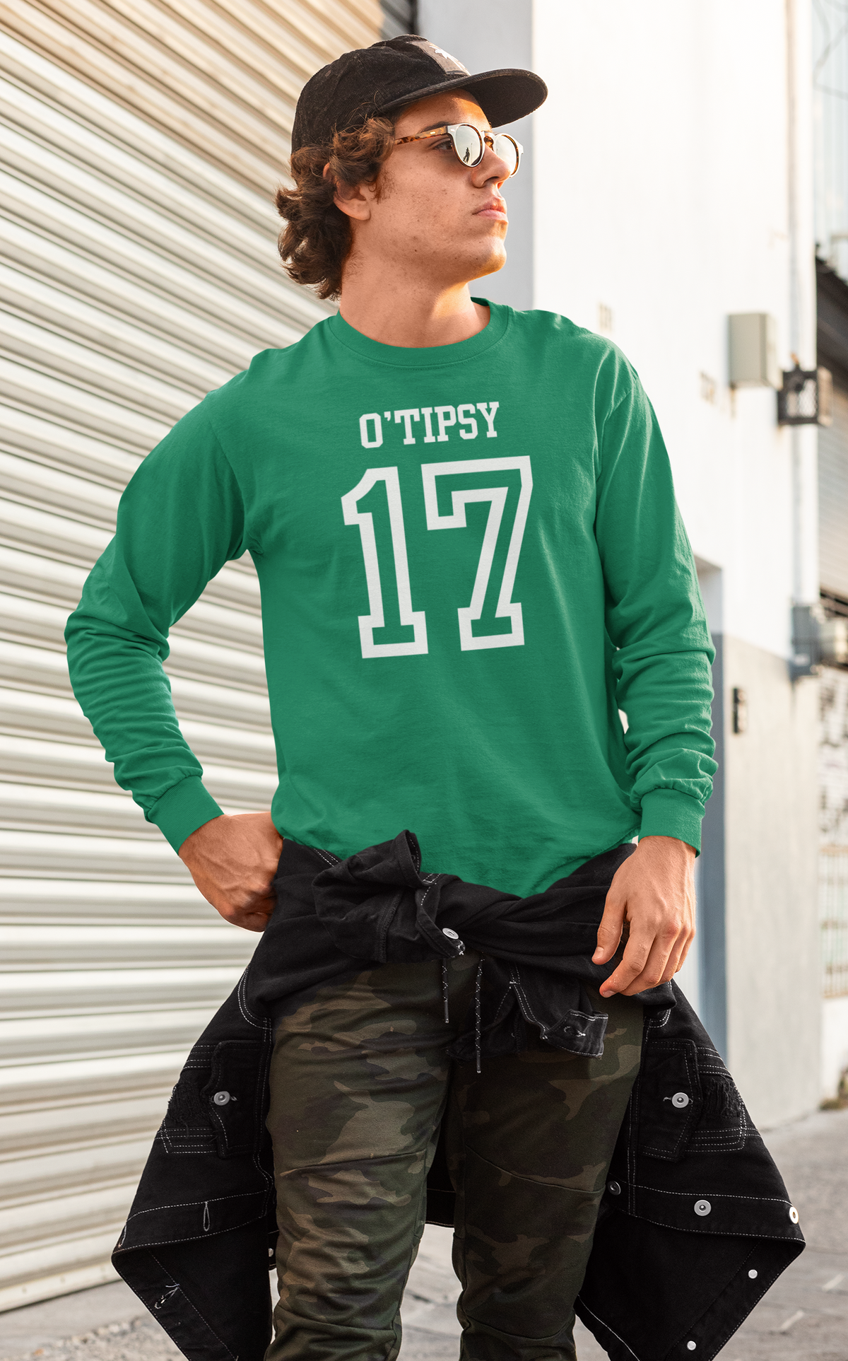 St. Patricks Day Festive and Funny O'Tipsy Jersey Style Number 17 Mens Long Sleeve T Shirt Men's Long Sleeves Oldglory.com