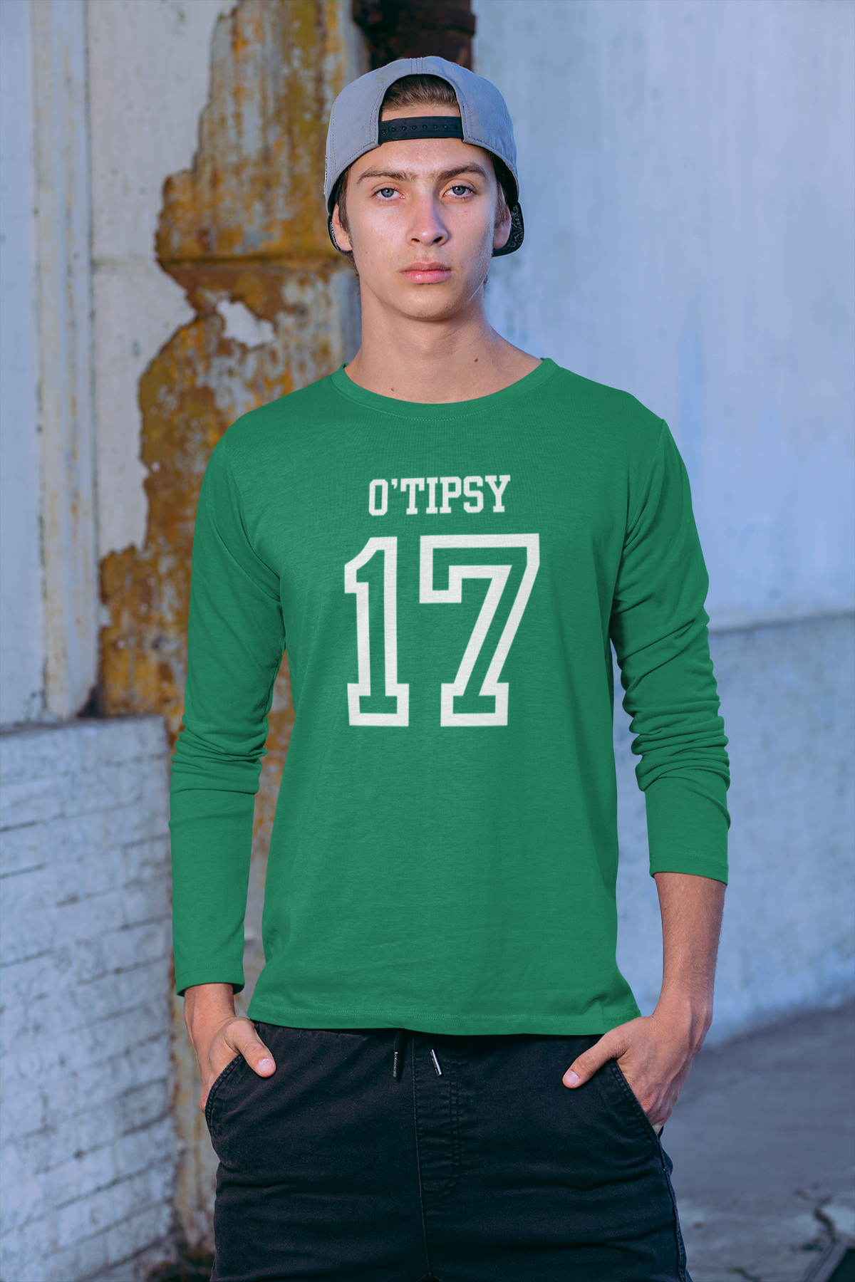 St. Patricks Day Festive and Funny O'Tipsy Jersey Style Number 17 Mens Long Sleeve T Shirt Men's Long Sleeves Oldglory.com