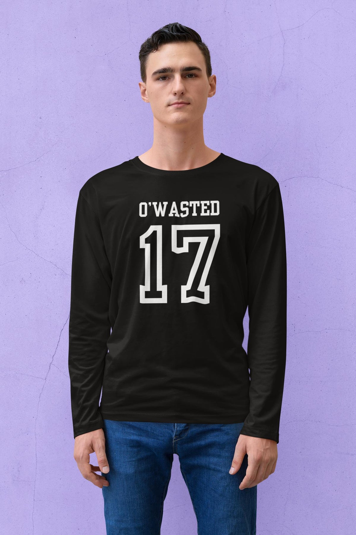 St. Patricks Day Festive and Funny O'Wasted Jersey Style Number 17 Mens Long Sleeve T Shirt Men's Long Sleeves Oldglory.com