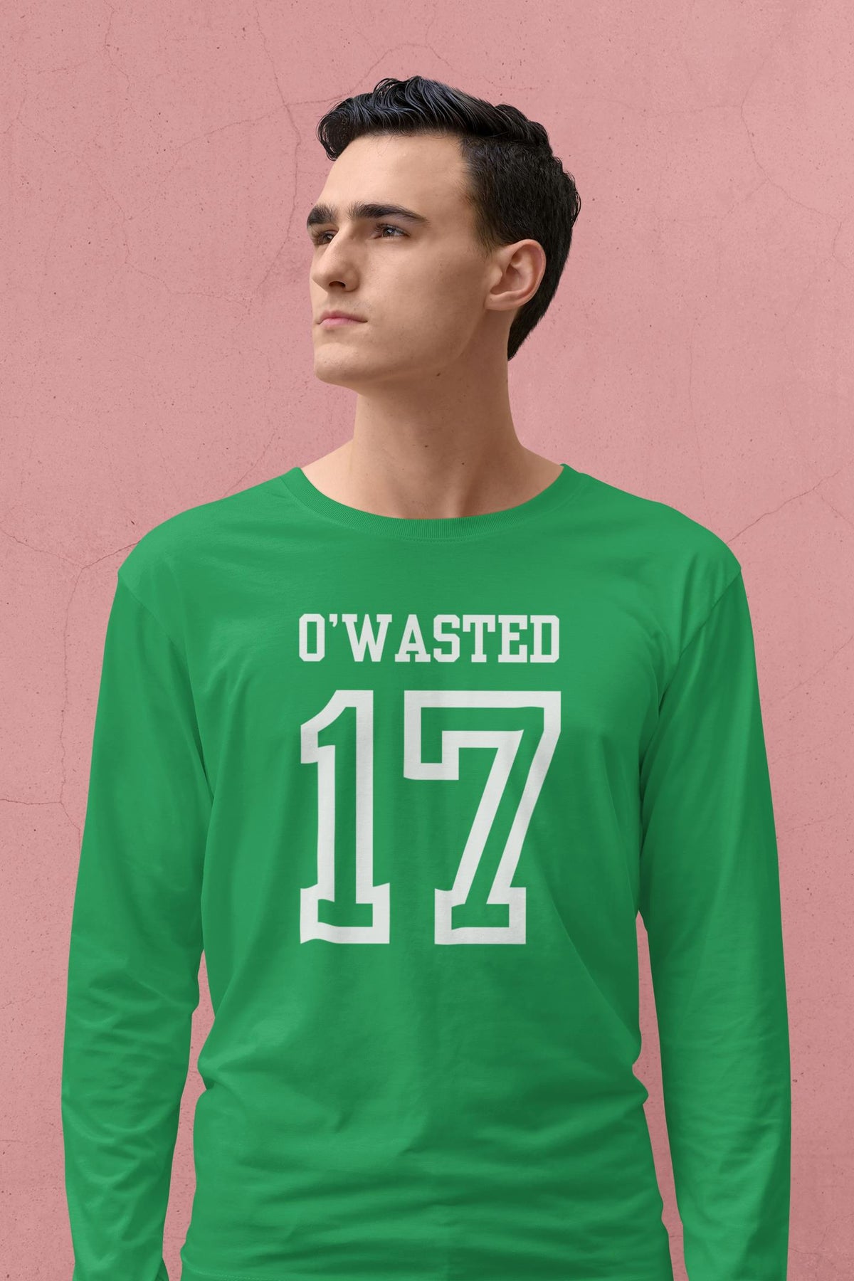 St. Patricks Day Festive and Funny O'Wasted Jersey Style Number 17 Mens Long Sleeve T Shirt Men's Long Sleeves Oldglory.com