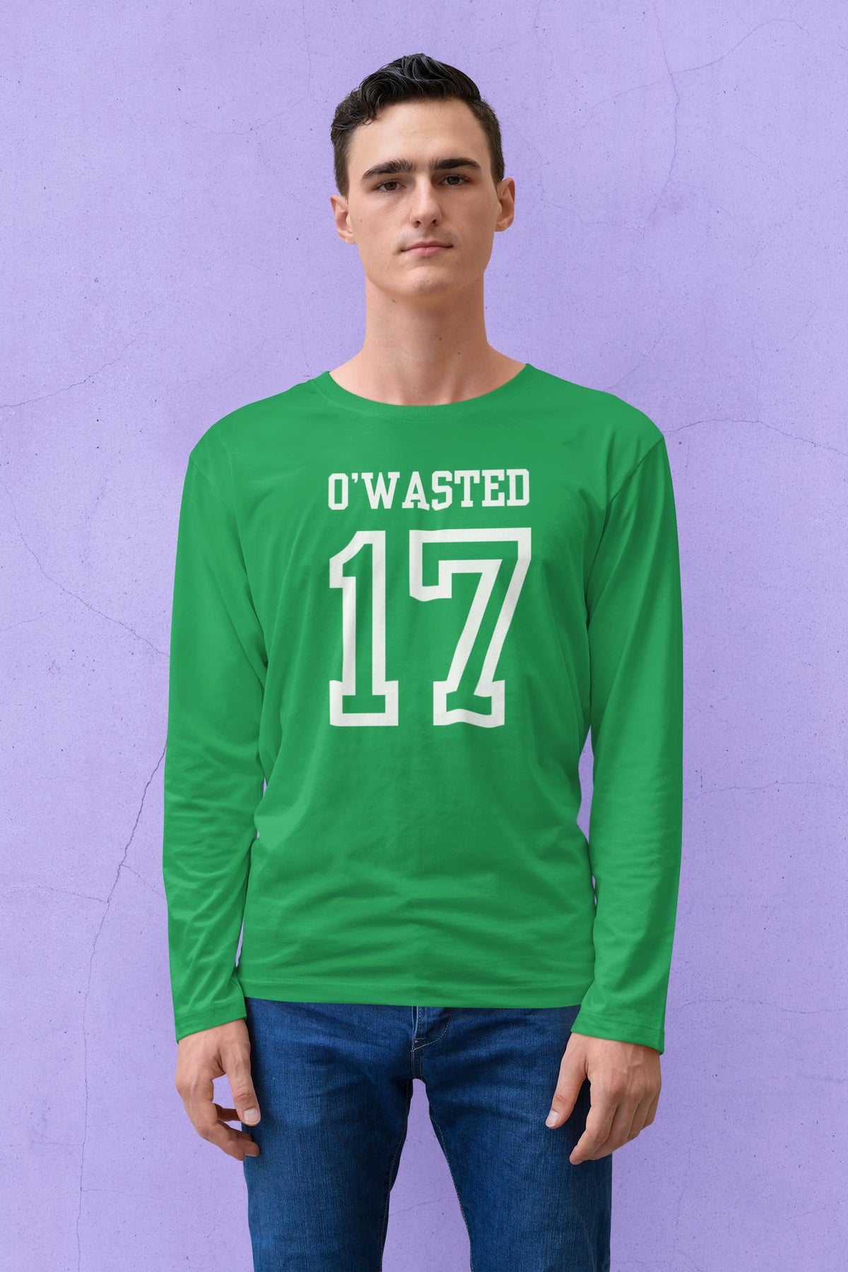 St. Patricks Day Festive and Funny O'Wasted Jersey Style Number 17 Mens Long Sleeve T Shirt Men's Long Sleeves Oldglory.com