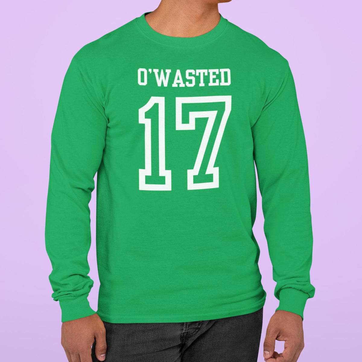 St. Patricks Day Festive and Funny O'Wasted Jersey Style Number 17 Mens Long Sleeve T Shirt Men's Long Sleeves Oldglory.com