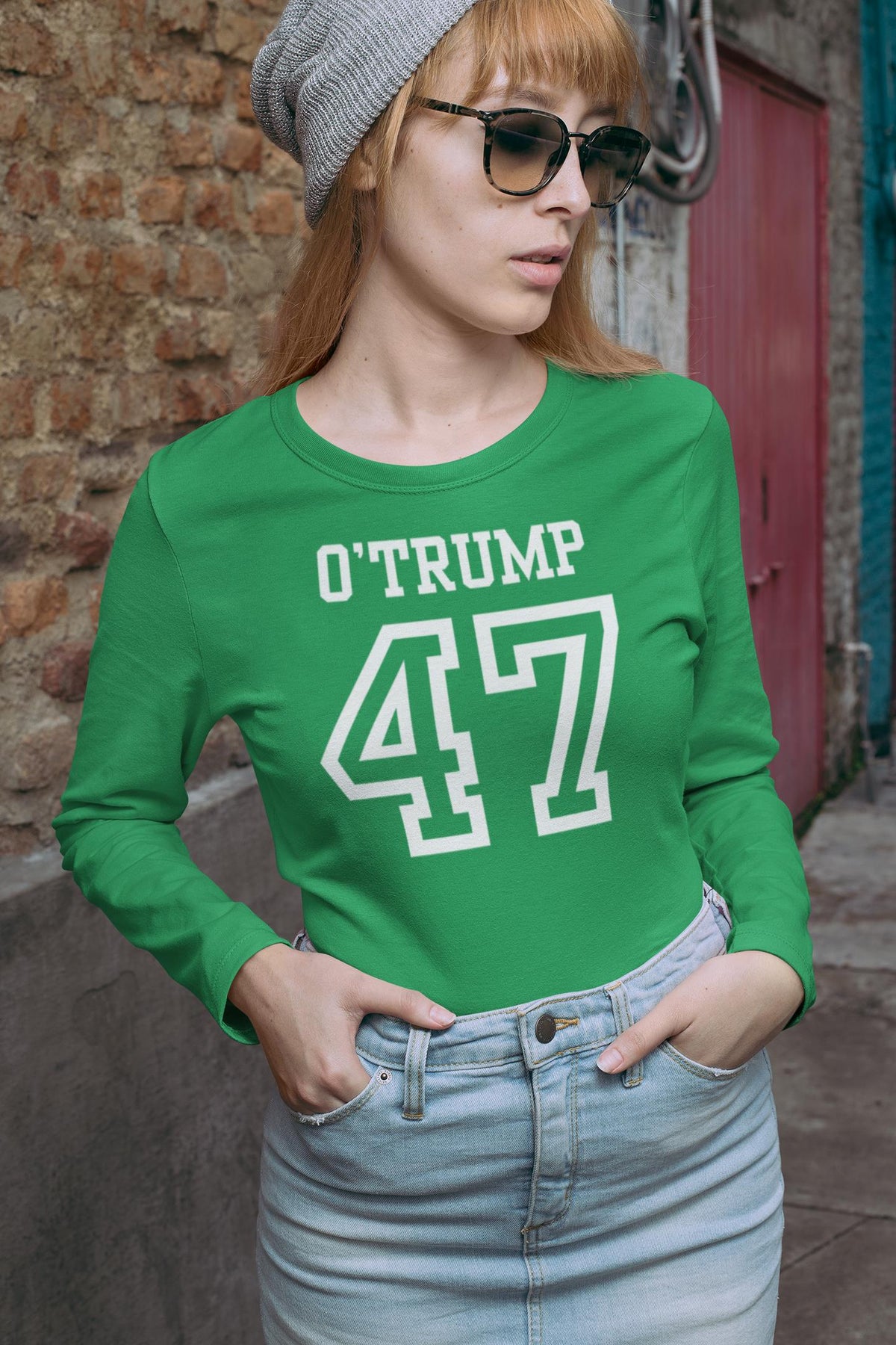 St. Patricks Day Political and Funny O'Trump Jersey Style Number 47 Womens Long Sleeve T Shirt Women's Long Sleeves Oldglory.com