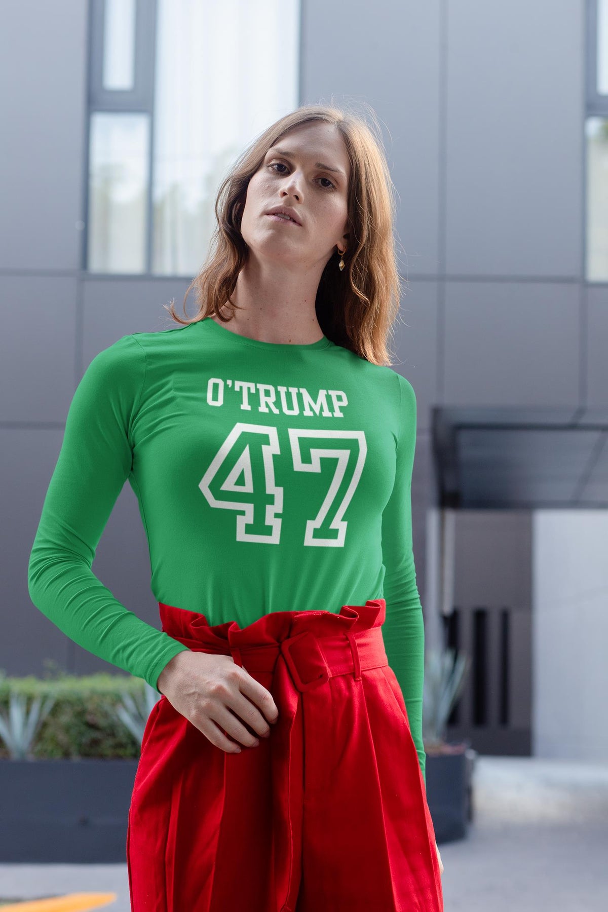 St. Patricks Day Political and Funny O'Trump Jersey Style Number 47 Womens Long Sleeve T Shirt Women's Long Sleeves Oldglory.com