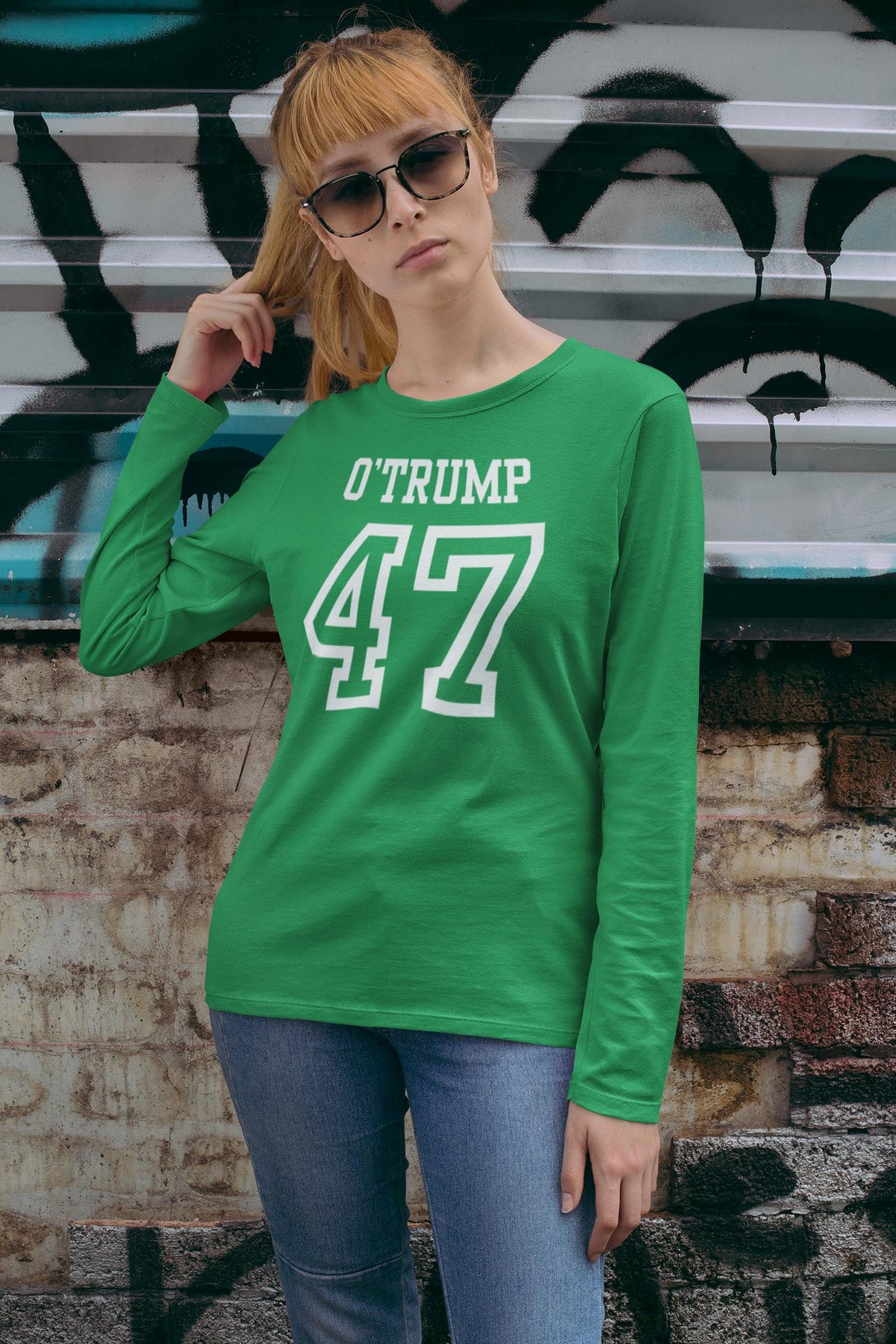 St. Patricks Day Political and Funny O'Trump Jersey Style Number 47 Womens Long Sleeve T Shirt Women's Long Sleeves Oldglory.com